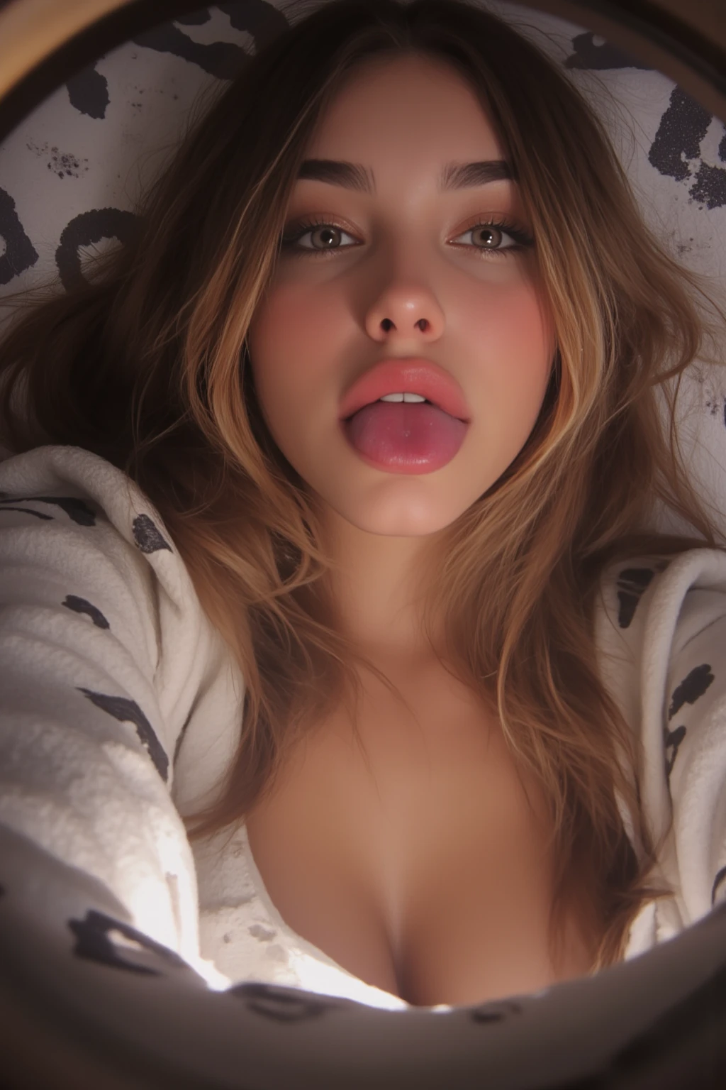 (masterpiece, Best Quality:1.4), portrait only, female, women,  wavy brown hair and ponytail.  torn clothes. (Yellow Summer Tank Top), damaged clothes, neckline, big breasts, exposed.  Kneeling, she looks at her master and sticks out her tongue provocatively.. 
