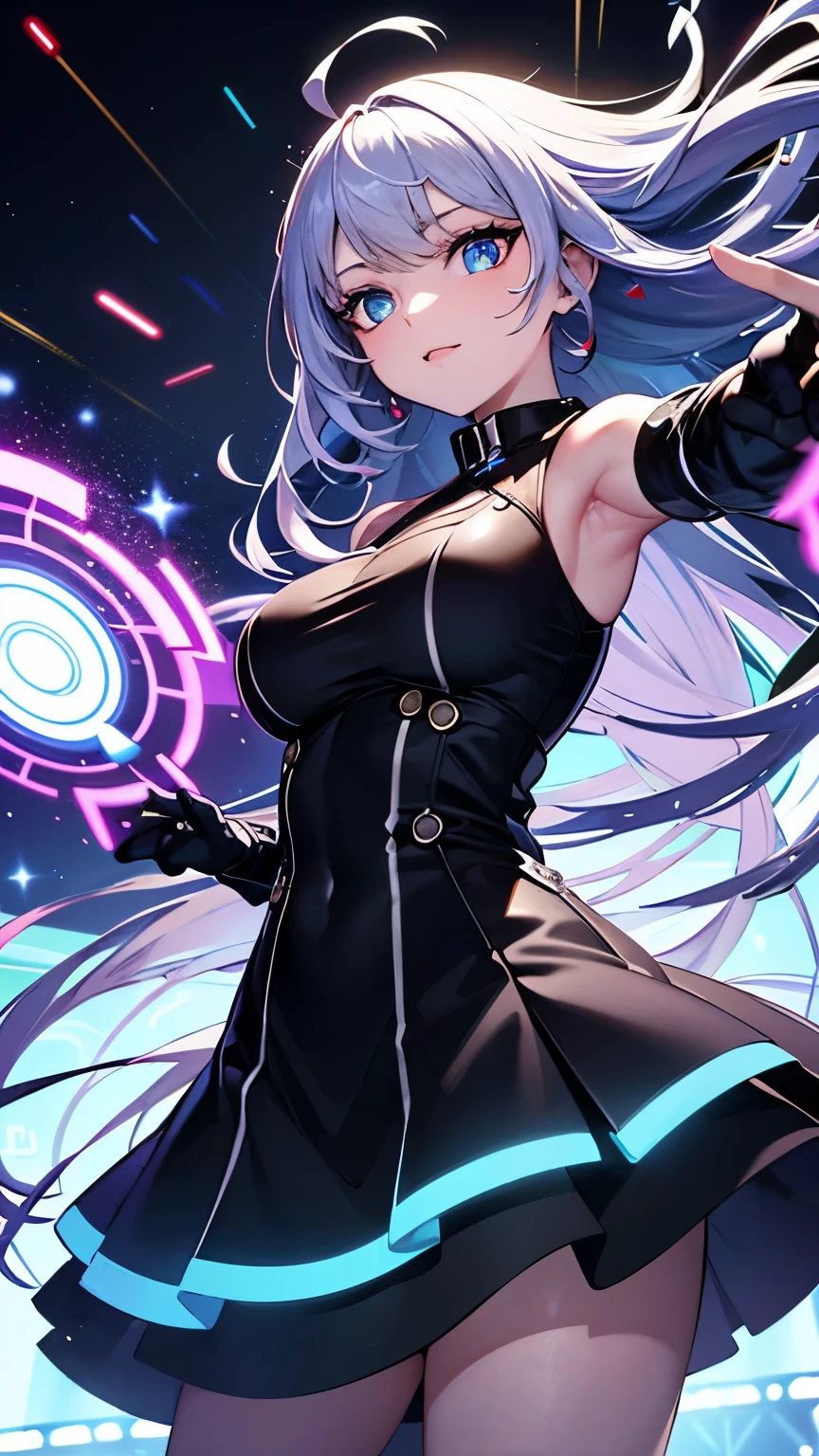 Masterpiece, best quality, 1girl, with long flowing iridescent hair in shades of purple, blue, and green, wearing a sleek black bodysuit, standing in a dramatic pose with one hand on her hip and the other holding a glowing, magical crystal ball. In the background, a swirling vortex of light and energy adds to the mysterious and enchanting atmosphere of the scene. glow hair, multicolor hair