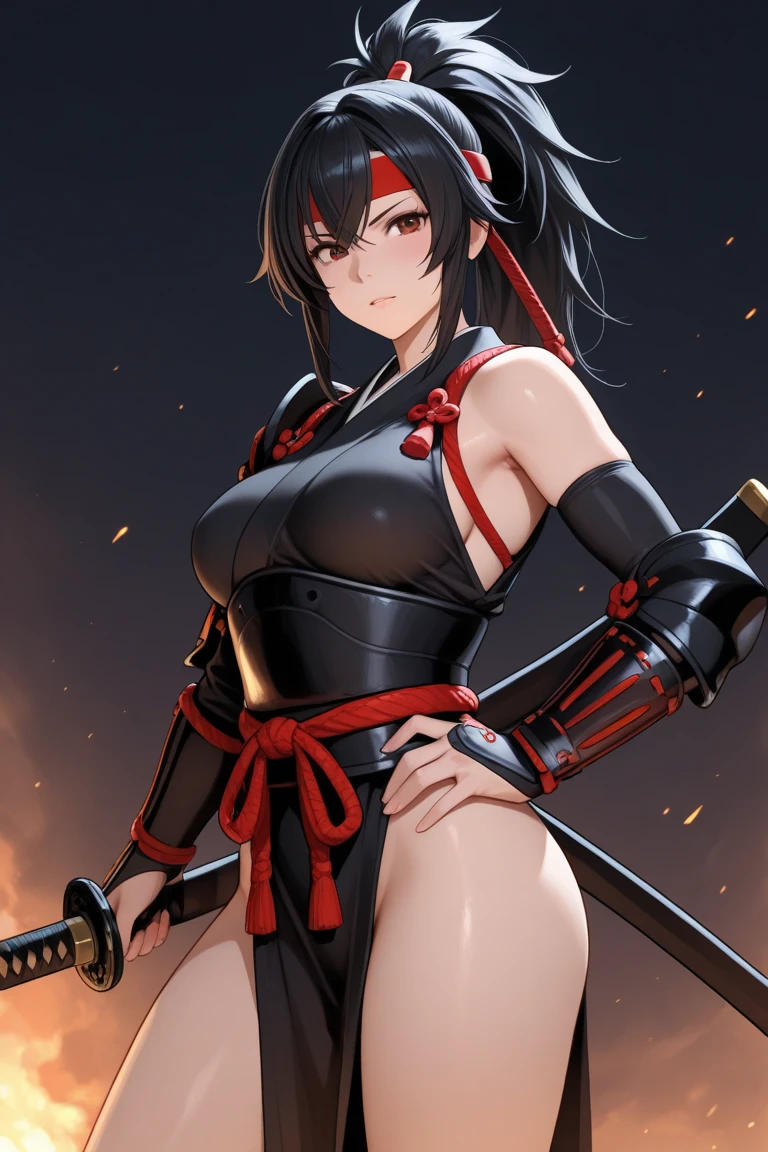 High quality,high detailing,masutepiece,8K,Kunoichi(Hold the sword in front of your body)(in fighting)(Colossal tits)(A sexy),vila(Japan),Flying sparks