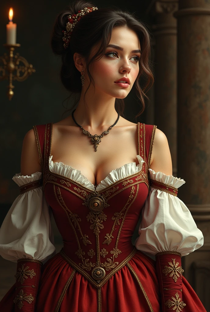 In a medieval setting illuminated by the romantic flicker of candlelight, a group of enchanting women captivate with their alluring presence. (perfect face:1.6), (perfect eyes:1.6), (sfw huge breasts:1.5), (beautiful realistic skin texture:1.6). photorealism, beautiful lighting, volumetric lighting. Pulp adventure style, fluid acrylic, dynamic gradients, vivid color, highly detailed vector curves, simple, smooth and clean Johan Greiner character design. Standing confidently, they wear ornate Victorian corsets in striking duotone hues of red and black, each intricately adorned with delicate patterns. Their hourglass figures are accentuated by the curve-hugging attire, while their bare legs disappear into the shadows, leaving their elegance to the imagination. Adorned with rare gemstone jewelry, their graceful necks shimmer with diamond necklaces, and their ears sparkle with exquisite earrings crafted from silver and gold. With seductive smiles and cascading waves of long hair, they exude a magnetic allure, their surreal eyes sparkling with a mesmerizing brightness that hints at untold mysteries. Against the warm, dreamy lighting of the scene, their flawless skin glows with a beautiful, realistic texture, enhancing their already perfect features. In this surreal and captivating tableau, the women embody timeless beauty and feminine charm, evoking a sense of intrigue and fascination.