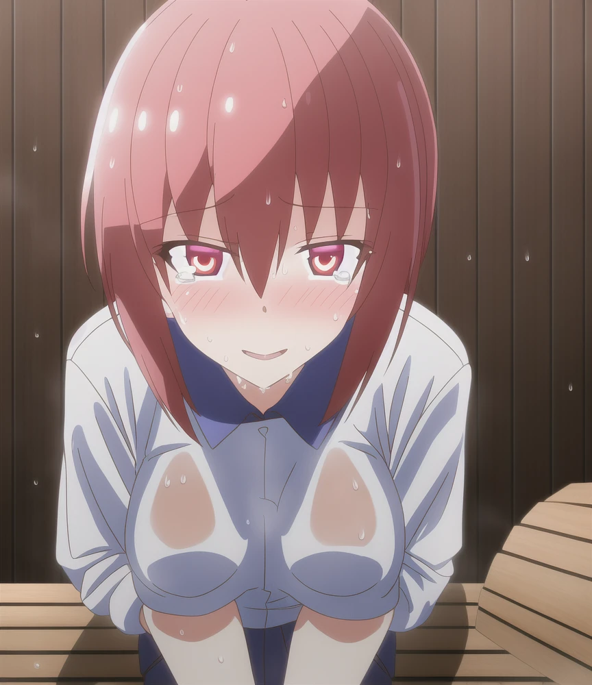 high quality、high resolution、masterpiece、hetero,(((sex,intercourse with a man,virginal penis,cum shot,girl_on_top,straddling,nsfw))),(1boy,1girl),(bedroom,lying on bed),MamoriTokonome, red hair, thin braid twintails, white smiling cat hair pin, pink lips, gold eyes,middle breasts,(a lot of sweat:1.4)、(sigh)、(orgasm:1.5)