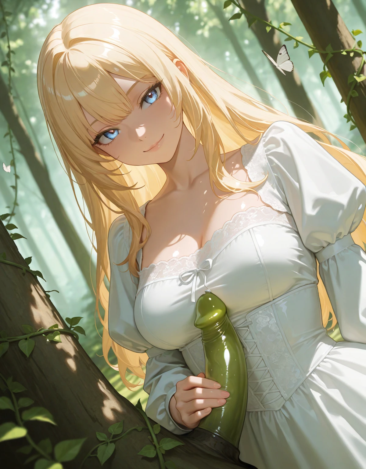 A beautiful white woman stands in an enchanted setting, surrounded by a magical forest with tall trees and luminous flowers. She is naked without even a single piece of clothing,Has big breasts. Her wavy hair falls softly over her shoulders.. With a look of hope and tenderness, she delicately holds a frog in her hands and kisses it gently