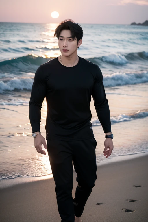 there is a man sitting on the beach with a wet suit, south korean male, korean muscle boy 2 1 years old, asian male, siwoo kim, taejune kim, inspired by Kim Hwan-gi, hyung-tae kim, hyung - tae kim, sporty physique, with abs, inspired by Kim Eung-hwan, inspired by Joong Keun Lee