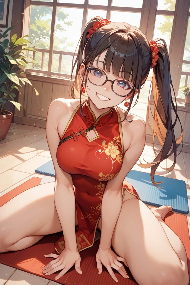 Best high Quality image, very detailed textures, carefully detailed image, absurdres, back view
{{((1character: 29 years old latina dark-tan-skin black-haired girl), (tan skin, blue-grey eyes, calm smile, absolute feminine beauty, long black hair with a pink flower at left side, thin pale lips, big breasts, voluptuous body, round big butt, beautiful arms, beautiful legs, modeling sexy on the floor), (red one-piece fitness leotard, green shoes), (house vliving room))}}