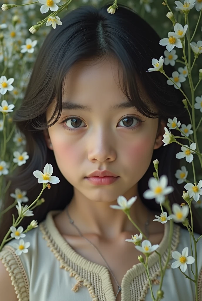 Make me a photo where  a tajik  girl  with black big eyes  and  nice hairs   and  bit  circle face  smell  white  slim flowers her  age 25