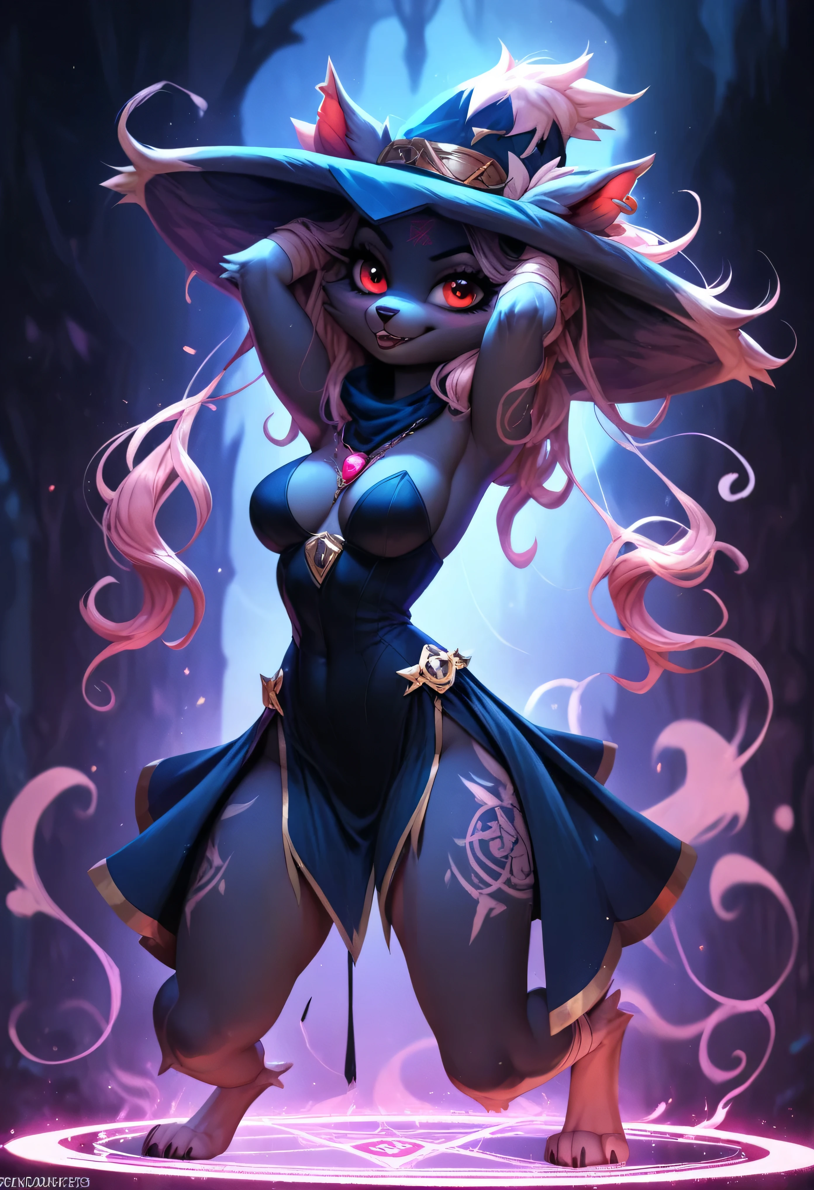 Mismagius suspended nude inside a cartoon-style glowing summoning circle, furry arms outstretched, legs spread, breasts fully exposed and bouncing, ghost chains made of energy wrapping her limbs, magical slime dripping down her belly, hat tilted back revealing flushed furry face, erotic summoning pose in a vibrant tooncore background