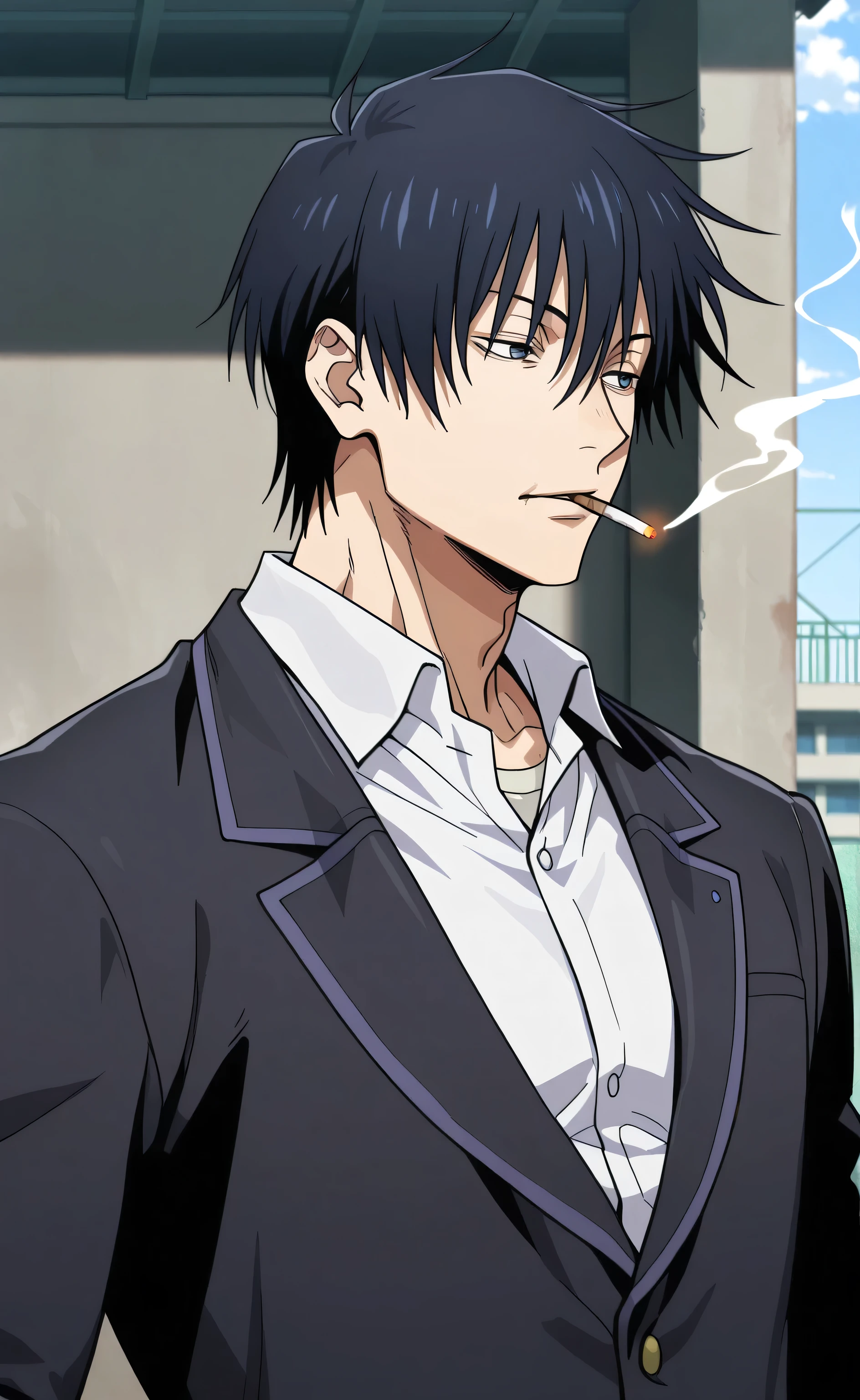 1male,solo,Touji Fushiguro,black hair,short hair,hair between eyes,bang,black blazer,white shirt,thug,muscle,smoking,school,roof top,