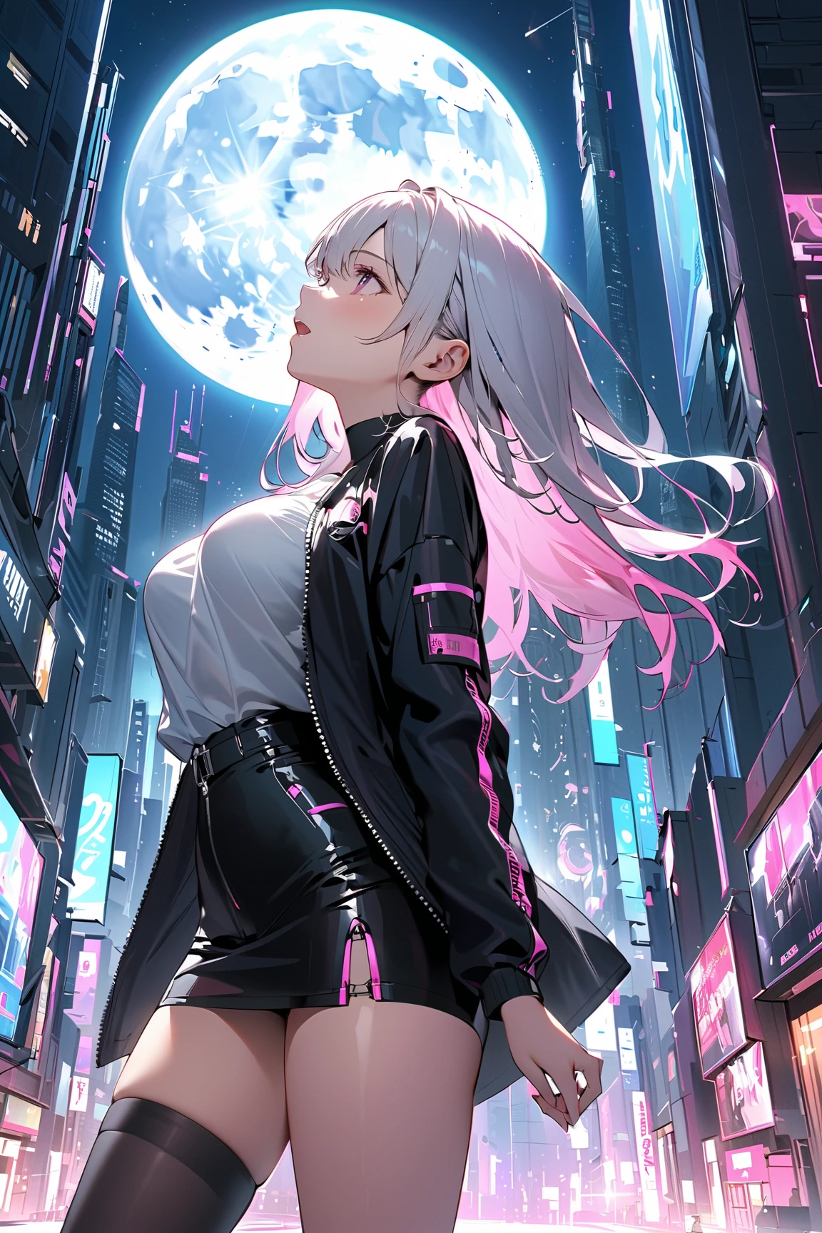 Lucy \(cyberpunk\), 1girl, hair crunchie, Hime cut, silver hair, colored tips, full moon, gray eyes, jacket, long sleeves, looking at the viewer from the side, showing butt, looking back, looking to the side, showing the tongue, ahegao, tongue out, medium hair, multicolored hair, fringe separated, lips parted, pink hair, portrait, red eyeliner, red lips, solo,  open white jacket (small and cute hard nipple), cyberpunk \(series\), show the butt to the viewer, rainy night in a cyberpunk city with bright neon lights, (8k, RAW photo, highest quality, masterpiece: 1.2), (realistic, photorealistic: 1.5), micro bikini, protruding ??????, clearly visible pubic shape, pubic hair, bristles on the lower abdomen, (wet, white, tight, transparent panties)),  ((show the audience ultra HD wet details clear, butt)), [narrow hips], cinematic lighting with quality and detail --auto --s2