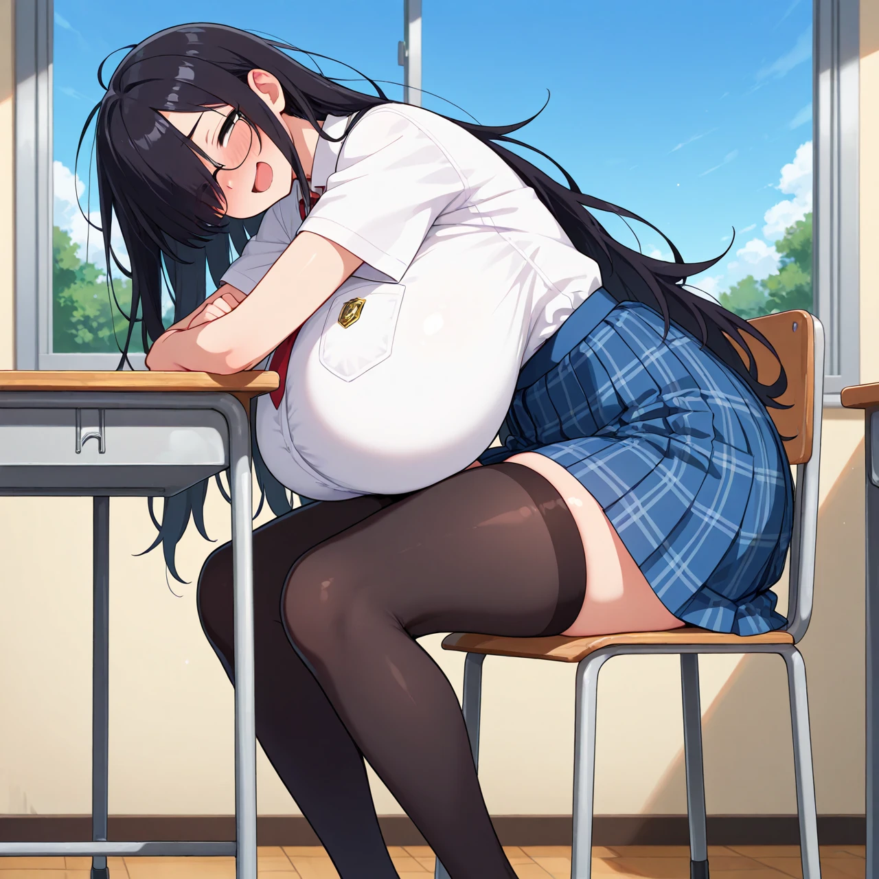 (masterpiece, best quality), 1girls, big belly, blurry background, huge belly, art by kipteitei, round belly, chubby, curvy, white button-up shirt, skirt, thighhighs, simple_background, gradient_background, belly bursting out of shirt, belly grab, enormous belly, fat belly, thicc, bigger belly, sitting on chair, really big belly, jiggly belly, shirt covering belly, belly cover by shirt