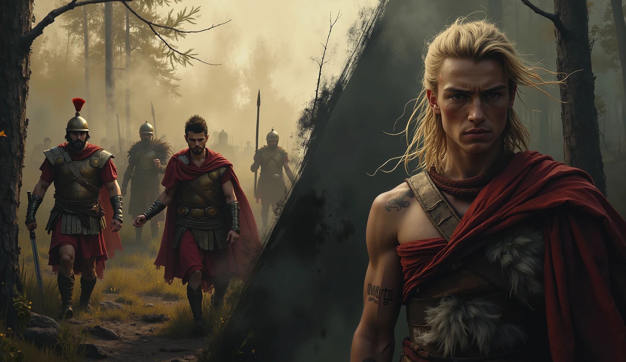 Highly cinematic YouTube thumbnail in 16:9 ratio, no text, inspired by dramatic historical paintings and epic movie posters. Composition split diagonally. On the left side: three Roman legionaries in ornate red and gold armor, confused and under attack in a misty, foreboding Germanic forest. One is falling or wounded, another is looking over his shoulder in panic. Dim, smoky atmosphere, with shafts of golden light filtering through dark trees. On the right side: Arminius (Arminio), a striking young Germanic warrior with long, windswept blond hair, tribal tattoos or war paint, fierce eyes, and a raised sword. He wears rough leather and fur armor, standing heroically with loyal tribal warriors blurred behind him in the shadows. Use deep contrast, rich earthy tones, and subtle painterly textures — reminiscent of Ridley Scott’s “Gladiator” or the chiaroscuro of Caravaggio. The background should be dense, misty forest evoking tension and ambush. Faces should show raw emotion: fear, fury, betrayal. No modern elements. The final look should feel like a scene frozen in time — full of motion, tension, and narrative power.
