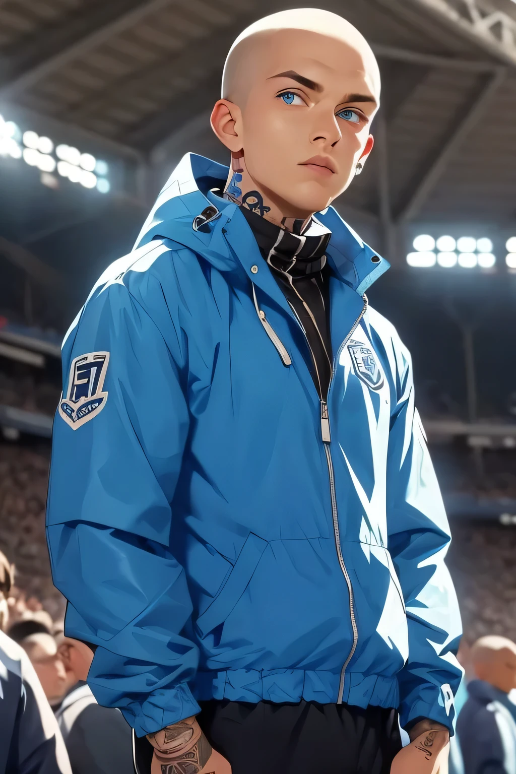 Skinhead man , His body is fully tattooed . Blue eyes . He is wearing a bare windbreaker . He's wearing a blue and white soccer fan scarf around his neck . He's on the stands of a football game . fist up . Shouts with other fans .