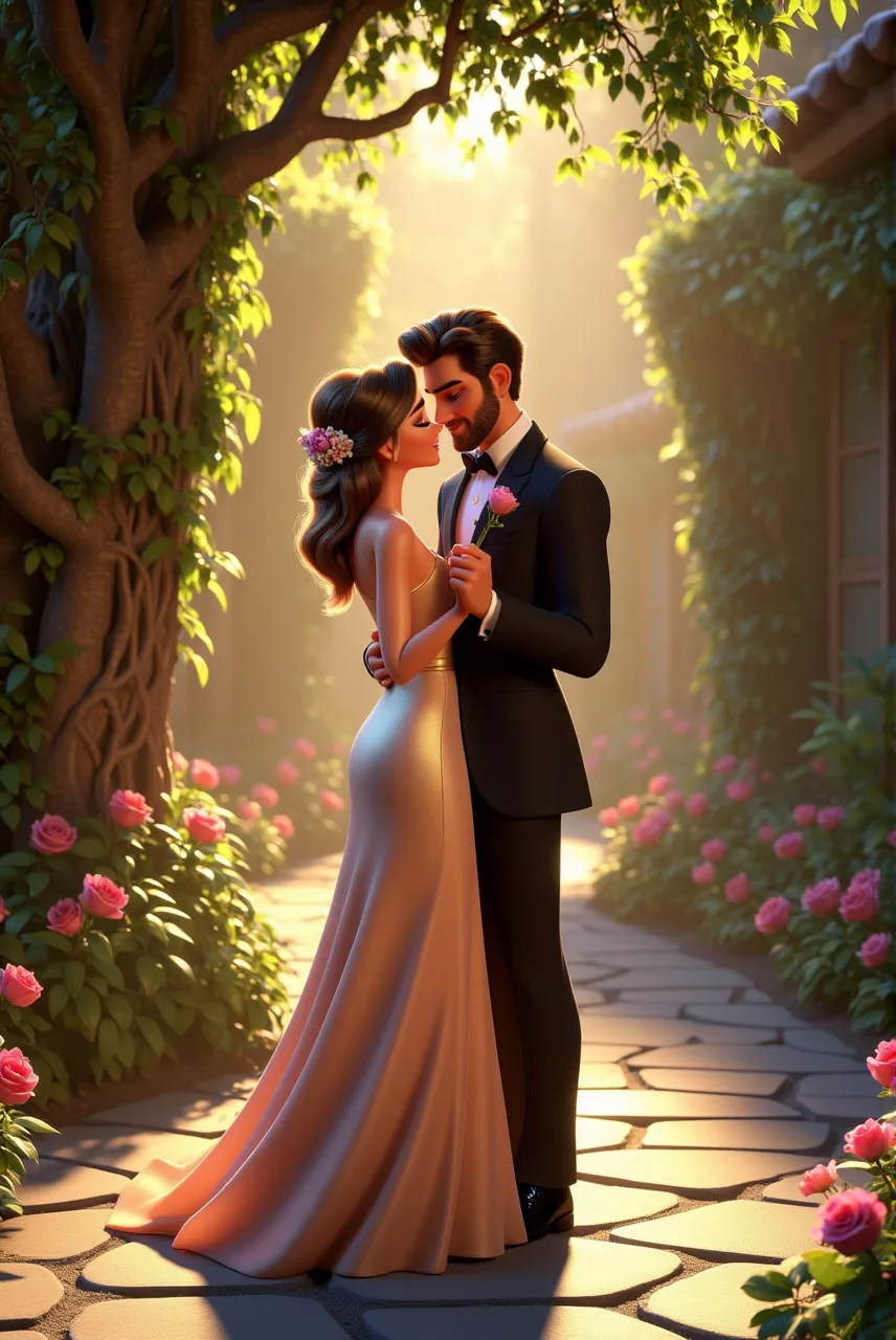 Personagem de desenho animado, um homem branco de terno preto e camisa social preta, cabelo castanho claro curto com entradas, A thin white woman in a long, transparent pleated dress with diamond beads forming the strap of the dress , brinco em formato de flor em prata, Long hair parted in half and wet the couple dancing waltz looking at each other with passionate looks (3D) ( Pixar Disney) (Characteristics)