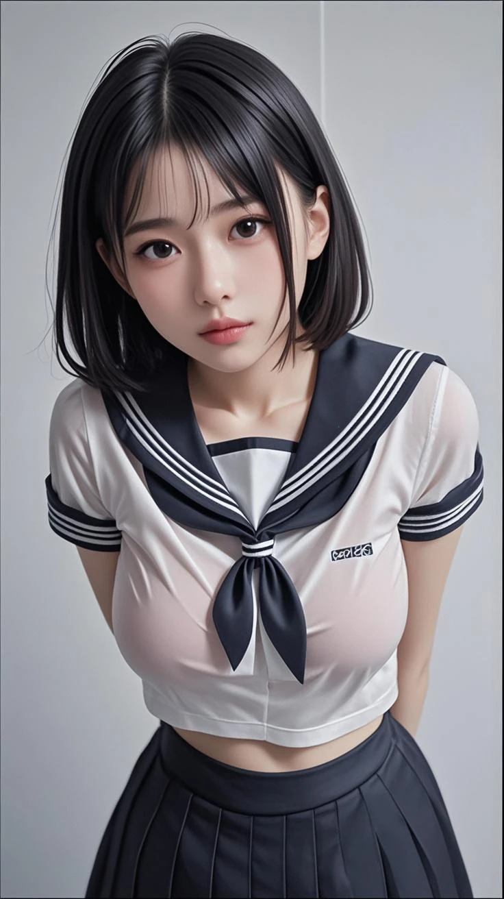 ((highest quality, 8K, masterpece :1.4anime)), highest real,Sharpness:1.3, Perfect Body Beauty:1.4,super detailed face and skin texture,(Glowing skin) ,((super real,best quality)),(soft lighting),super detailed face, fine eyes, double eyelid,(pov),(((1 girl))),fine detail,highly detailed face and eyes, (cute face:1.6), ((NSFW:1.4)), my sister,18 years old,(JAPANESE IDOL),(huge breasts :1.8,large breasts:1.8,beautiful areola,small areola),(Glowing skin),((Perfectly rendered hands and fingers))-----top-quality、masterpiece、((standing,arched back:1.3)),((close up face:1.4,upper body:1.4)), (on the bed),(pureerosface_v1),realisticlying,(Beautiful BROWN hair,CUTE LONG hair),((top-quality,8K,masterpiece:1.4)),photorealistic, masterpiece,((school uniform:1.4,sailor suit:1.4,BLUE SKIRT:1.2,WHITE SHIRTS:1.2)),(,((make eye contact with the audience)),((Composition from the side:1.2)),((Embarrassed look,SHY expression:1.4)),(Bright expression),---//パイズリ//---((LONG penis, breasts blowjob)),(((paizuri:1.5, penis is between breasts))),((((Close your breast with both hands))))---//cum//----((Holding a penis,cum facial,cum in mouth))