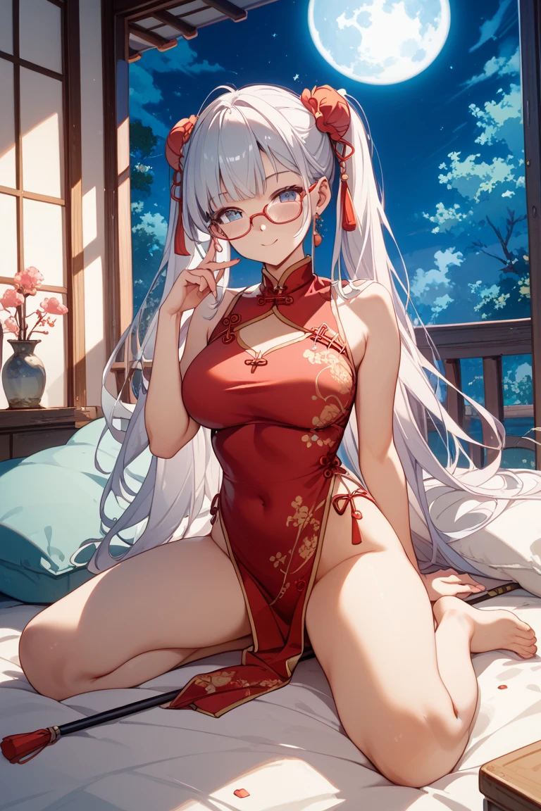 小さなgirl、Small breasts、The arrival of spring、Thick thighs、 (alone:1.5,)Very detailed,Bright colors, Very beautiful detailed anime faces and eyes, Look straight ahead, ;d, Shiny_skin,girl, ((Silver long hair,The inner color is red 、Forehead is exposed.、Green Eyes、Glasses、Shiny hair, Delicate beautiful face, blush、(Turquoise Eyes), White skin, Valletta, Earrings,、blue flower field、(((Star pattern pink、See-through、Long China Clothing、Black bloomers)))、Twin tails、smile、smile、Face dyed red、garter belt