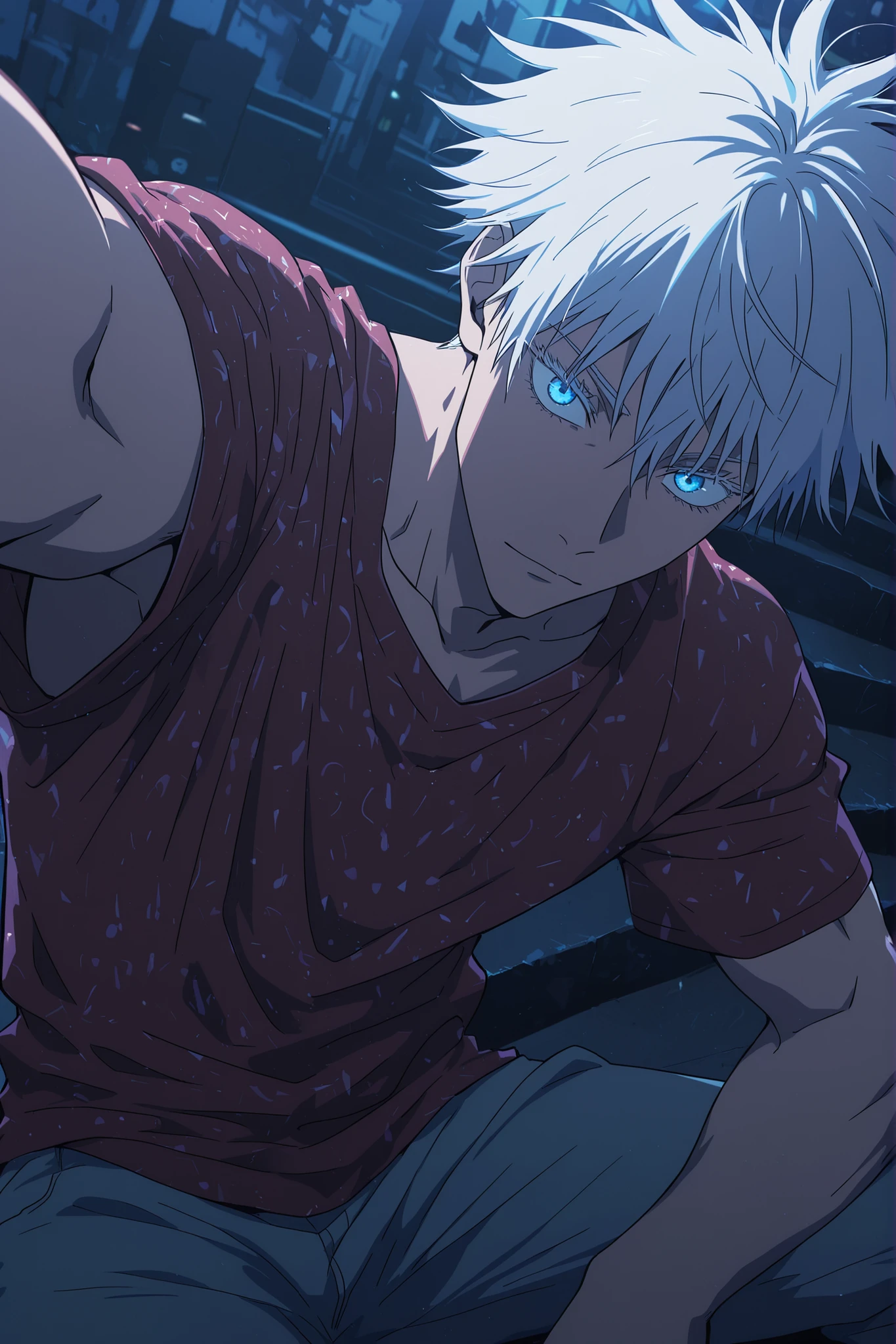 anime style, anime coloring, anime screencap, (jujutsu kaisen style:1.2), official style, (masterpiece, best quality), amazing quality, very aesthetic, absurdres, highres, newest, HDR, 8K, intrinsic light, luster, shiny color, strong coloring, masterful shading, high contrast, extremely detailed face and eyes, beautiful face and eyes,  city background, dynamic pose, foreshortening, sitting on stairs, dynamic angle, cinematic, cinematic lighting, cinematic shadows, big anime eyes, beautiful eyes, expressive eyes, bright eyes, long eyelashes,  BREAK 1boy, male focus, gojou satoru \(jujutsu kaisen\), white hair, short hair, (hair between eyes), blue eyes, long eyelashes, (white eyelashes), muscular, toned body, wide shoulder, sexy man, handsome, hansome face, mature male, cool, streetwear, cool_man_style, cool man, stylish man, handsome man, male cool clothes, cool fashion, intricate clothes, intricate accessories, intricate patterns, cool, stylish, red clothes