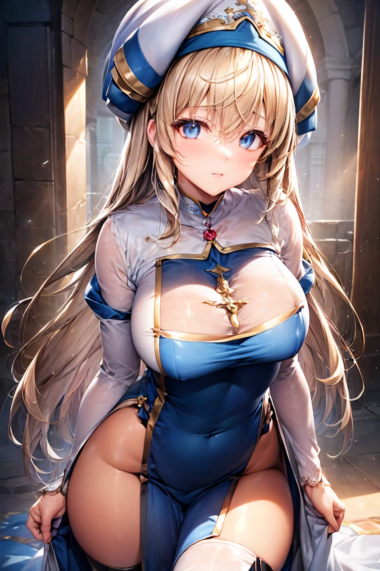best quality,1girl,((big breasts:1.3)),((,orgasm,blush,sweat,steam:1.1)), onna_shinkan, long hair, hat, long sleeves, dress, white headwear, thighhighs, very long hair, thigh boots, wide sleeves, white thighhighs, hair between eyes,((lift skirt,upskirt,white panties,lace panties)),pussy juice,walking