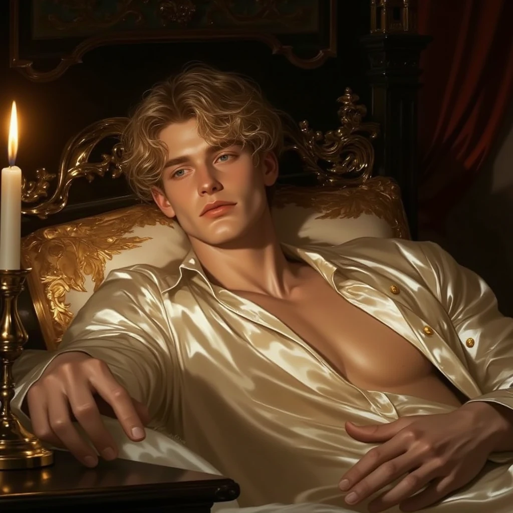 masterpiece, best quality, 1boy, male focus, 
an Attractive 20 years old Antinous as young legolas, silk sleep pants, close-up half body,
in a medieval royal bedroom, 
 Wide shot View, Realistic Lighting, 
RAW photo, (high detailed skin:1.2), 8k uhd, dslr, soft lighting, high quality, film grain, Fujifilm XT3
