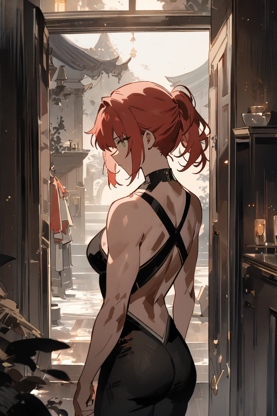 ((sexy dress))) A woman, The character Makima from the anime series Chainsaw Man, showing expression of laughing, smirking, looking down at viewer, holding dog leash, pulling viewer leash, makima, red hair, braid, braided ponytail, orange eyes, skinny black pants, sitting in chair, legs crossed, cowboy shot, slight leaning forward, head tilt, beautiful figure, sexypose, Realistic, Very detailed, handsome body, Detailed body, Detailed hands, Detailed, Vibrants, Detailed Face, Makima's character design. Very detailed, Detailed body, Detailed hands, Detailed Face, anime art, extremely detailed CG unity 8k wallpaper, detailed light, Cinematic lighting, chromatic aberration, glittering, expressionless, epic composition, dark in the background, Charecter Desing, Very detailed, Detailed body, Vibrants, Detailed Face, sharp-focus, anime art, Vibrants, Detailed Face, Hugh Details, sharp-focus, evil smile, A detailed eye, super fine illustration, better shadow, finely detail, Beautiful detailed glow, Beautiful detailed, Extremely detailed, epic composition, Presented at artstation, Octane Render, artstation hd, Cinematic, 4 thousand., hypermaximalist