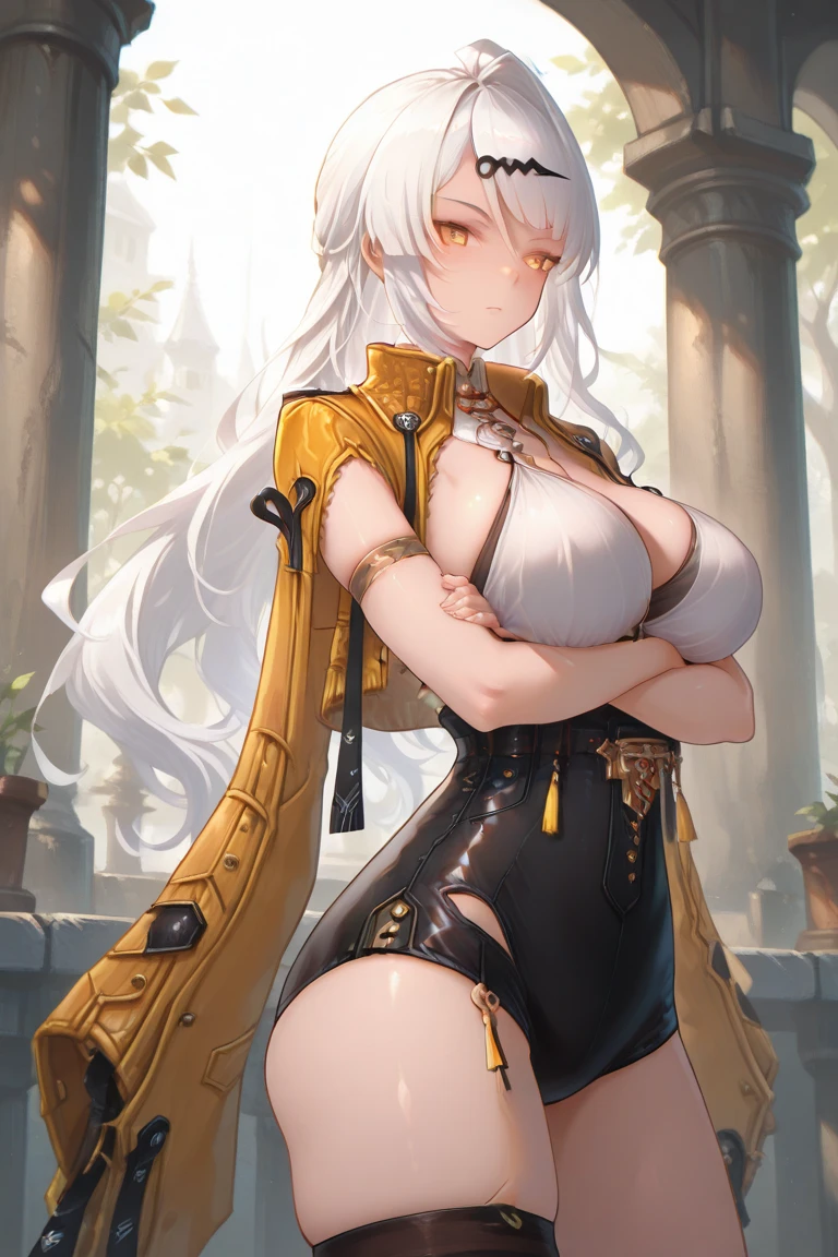 8k_wallpaper, extremely detailed eyes, extremely detailed body, (large masterpiece digital art), (detailed manga illustration), (detailed line art), ((perfect anatomy)), (intricate details:1.3), (ultra-detailed:1.3), (illustration:1.3), (sharp focus:1.3), (natural lighting:1.05), (vivid colors:1.3), (masterpiece), (best quality:1.4), (perfect anatomy:1.4), high quality, expressive eyes, full body, tall girl, detailed face, beautiful face, perfect face, detailed ((white hair)), (black hair), multicolored hair, (pink eyes), {{dark skin}}, ({dark skinned female}), cow girl, gigantic breasts, thick thighs, very long hair, bare shoulders, denim, (blue overalls), overalls, dynamic lighting, cow print, high resolution, 4k resolution, dynamic pose, silver jewelry, {fantasy farm background}, choker, (cow ears), {{cow tail}}, (tail), ((streaked hair)), wide hips, thigh-highs, horns, {cow horns}, animal ears, skin dentation, curvy, plump,