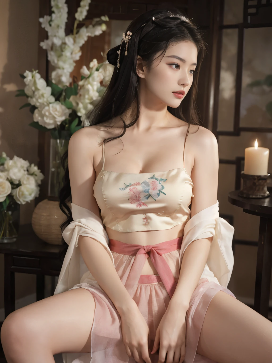 4k, high quality, beautiful lighting, soft lighting, realistic, short black bob, red eyes, sexy, big breasts, thick thighs, wide hips, girl wearing white sheer silk nightgown with black trim, leg slit, muscular, toned, long flowing Chinese clothing, ornaments, jewelry, buns, hair accessories, both legs in front
