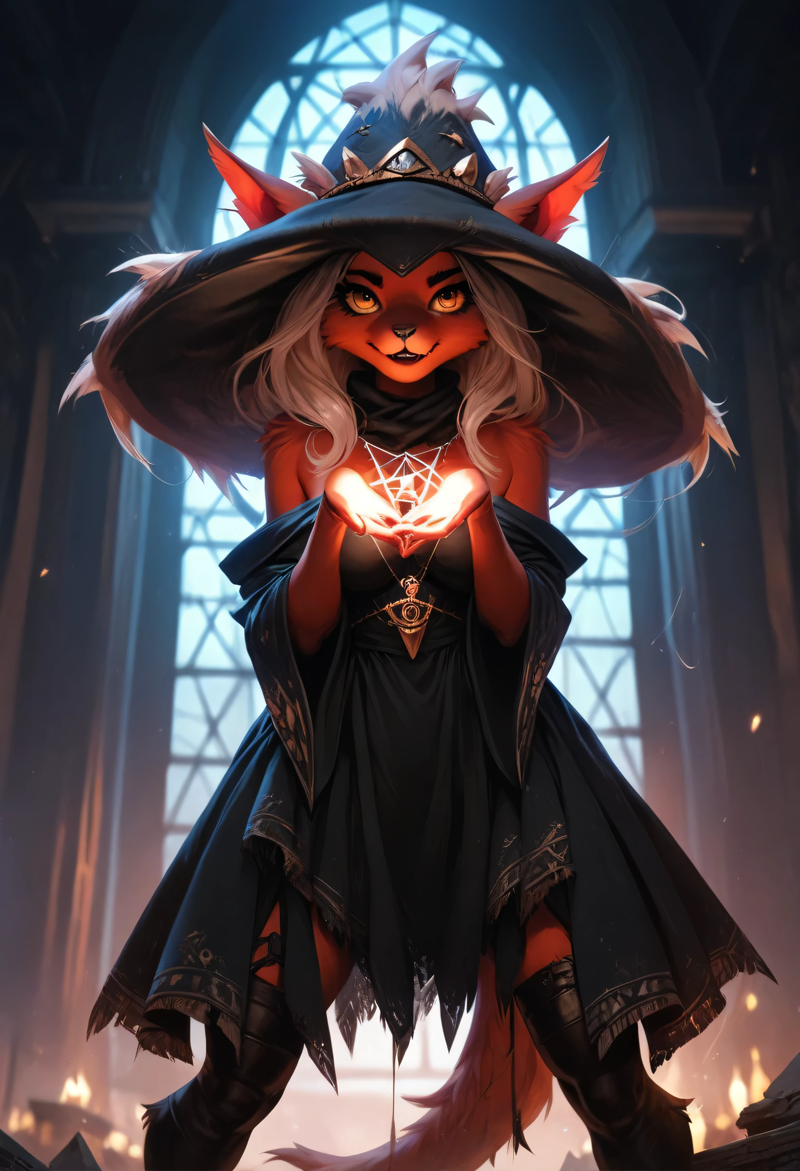 Anthro Mismagius floating nude above a glowing pentagram, breasts larger than her torso and hanging like enchanted orbs, hips wide and dripping with ghost magic, tail swirling in the ritual air, clawed hands gripping invisible restraints, realistic ruined temple background with falling ash and moonlight