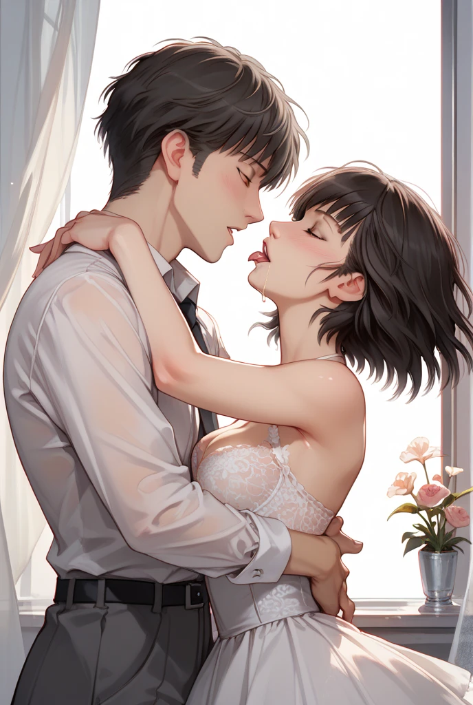 (masterpiece、top-quality、hight resolution), A cozy hotel room, warmly lit and comfortably furnished. The young man enters the room, feeling a mix of excitement and nervousness. The mature woman follows, closing the door behind her with a confident smile. She approaches him slowly, her eyes full of warmth and a hint of playfulness.
"Don't worry," she says softly, her voice soothing. "We'll take it slow."
She takes his hand and leads him to the bed, where they sit side by side. The room is quiet, the only sound being their breathing. She gently places her hand on his cheek, leaning in to kiss him tenderly. Her lips are soft and inviting, and he feels himself relaxing into her touch.
"Just follow my lead," she whispers, her breath warm against his skin.
She begins to undress him, her movements slow and deliberate, making sure he is comfortable with every step. As she removes his shirt, she kisses his chest, her touch sending shivers down his spine. She looks up at him, her eyes filled with desire and care.
He follows her lead, letting her guide the pace and intensity of their actions. The atmosphere is intimate and filled with mutual respect and affection. She reassures him throughout, ensuring he feels safe and comfortable. As the scene progresses, the focus remains on their connection and the gentle, caring nature of their interaction.