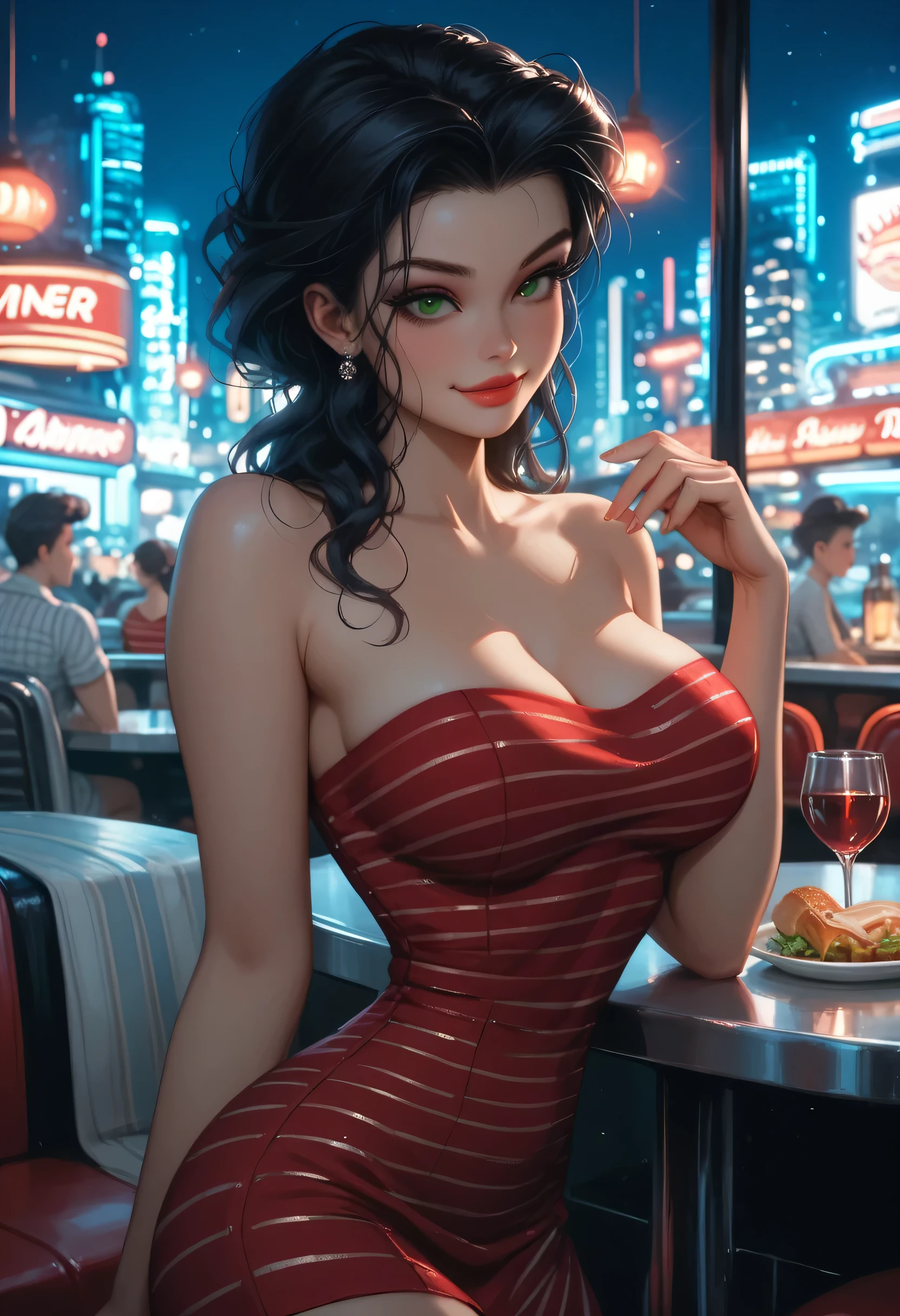 beautiful, detailed, Lonette, black hair, makeup, eyeshadow, green eyes, bare neck, large breasts, voluptuous, strapless red dress, striped dress, short dress, sexy pose, seductive smile, night, diner
