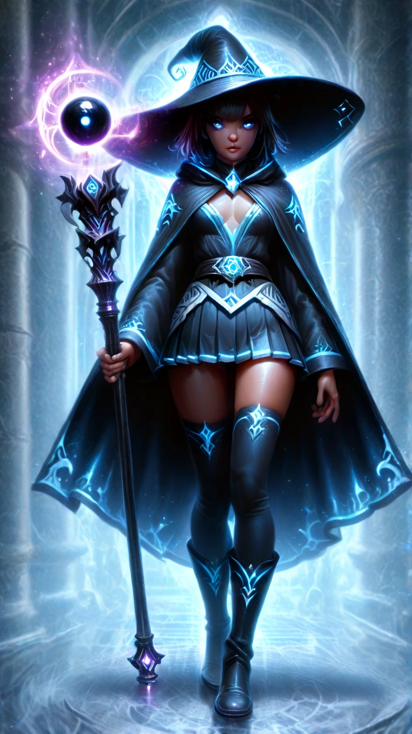 Black Hair, High resolution, Big Tits,Super Breasts,Large Breasts,Saggy breasts,Big white round ass, Plump, Droopy eyes, Showing teeth, Chubby, Brown Hair, bangs, Large Breasts, Underbust, See through, Stick your butt out,Keep your butt up, A high-necked top with an armor-like design that combines deep blue and silver.,Hard metal panels reminiscent of ice crystals are placed from the shoulders to the chest, giving off a cold glow.,The fabric is engraved with runes to concentrate magical power, and emits a pale blue light whenever it moves.,Black and silver leather pants Slim fit that hugs the entire leg,From the knees down, the armor is decorated with sharp, sharp ice blades, designed to allow for swift movement in combat.,A silver chain belt is worn around the waist with a huge ice crystal shining in the center.,A deep blue cloak spreads out from his back, with an ice-cold silver sheen on the inside.,Ice crystals form around the edge of the cloak, and every time it sways in the wind, it sends chills through the air.,The lining of the cloak features an ancient magic circle that amplifies her magical power.,His black boots are fitted with sharp, silver armor plates, and ice crystals float at his feet.,The tips of the boots are as sharp as icicles, allowing them to deliver powerful blows to opponents in battle.,On his head is a shiny metal helmet with sharp edges that resemble ice crystals.,A large blue diamond is set into the center of her helmet, symbolizing her ice powers.,An icy aura radiates from her helmet, accentuating her majesty.,He wears black and silver metal gauntlets on both his hands, with ice spikes growing from the back of his hands to his fingertips.,The gauntlet is inscribed with ice runes that give off a faint light whenever she uses magic.,Silver necklace with ice crystal in the center,The crystal is a medium for concentrating her cold energy, and glows pale blue whenever her magical power is amplified.,The staff he holds is made of ice crystal tha