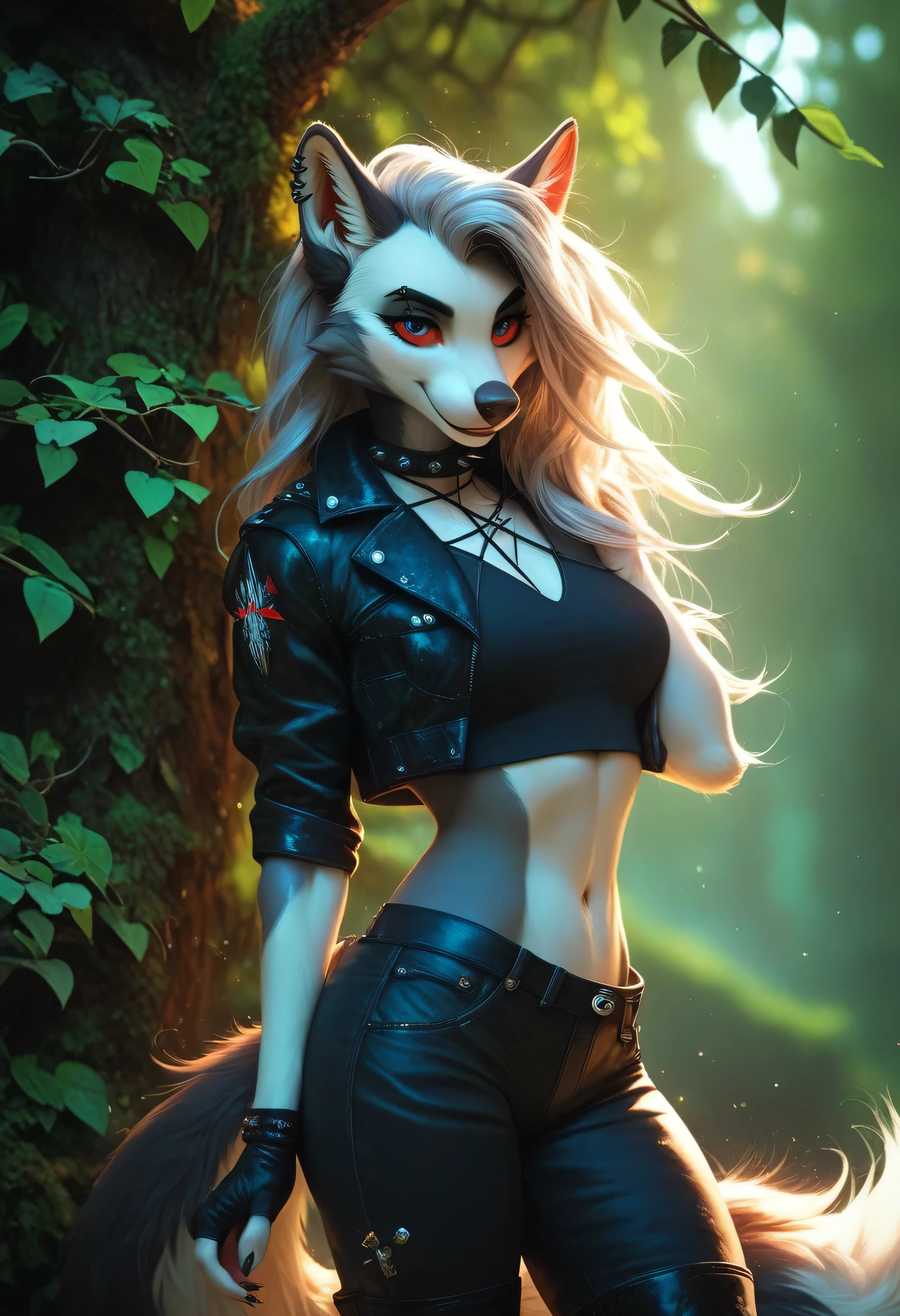 uploaded to E621, NSFW, raw photo, realistic, anthro, detailed face, detailed fur, muzzle, Helluva boss, Loona Hellhound, Loona, clothed, crop top, black shorts, high resolution, high resolution, in the woods