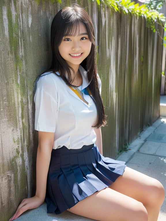 Pure Japanese school girl, outstanding body, beautiful legs, wearing uniform, (panty), natural hairstyles, sweet smile, sexual attractive, sitting, refreshing in early summer,