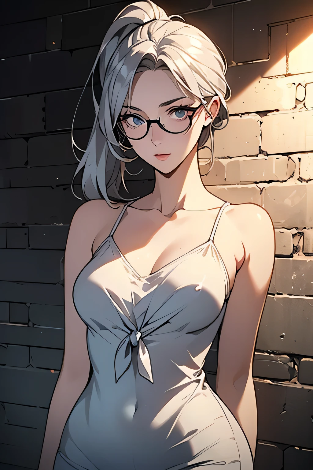 (masterpiece, best quality), 1girl, messy hair, choker, black silk pajamas, see-through, glasses,