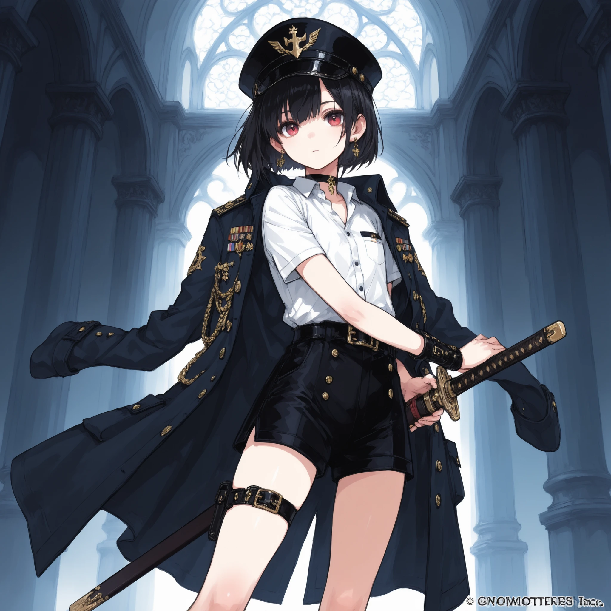 ((Best Quality)), ((masterpieces)), (detailed), Perfect Face, SOLO, ((femboy)), tomgirl, ANIME, beautiful detailed eyes, BOB hair, BOBed hair, black hair, RED EYES, BARE thighs, (((BARE LEG))), ((BLACK short pants)), (((dress shirt))), ((Flat chest)), Choker, (thigh strap), uniform hat, ((general uniform coat)), arm straps, ((black general's uniform coat draped over the shoulders)), expressionless, tight short black shorts, earring, Royal palace, GREAT HALL, (buckle), ((Tuck in the shirt)), ((uniform coat)), short sleeves, wrist guard, fantasy sword, (draw the sword from the scabbard), ready to draw sword pose, Battoujutsu