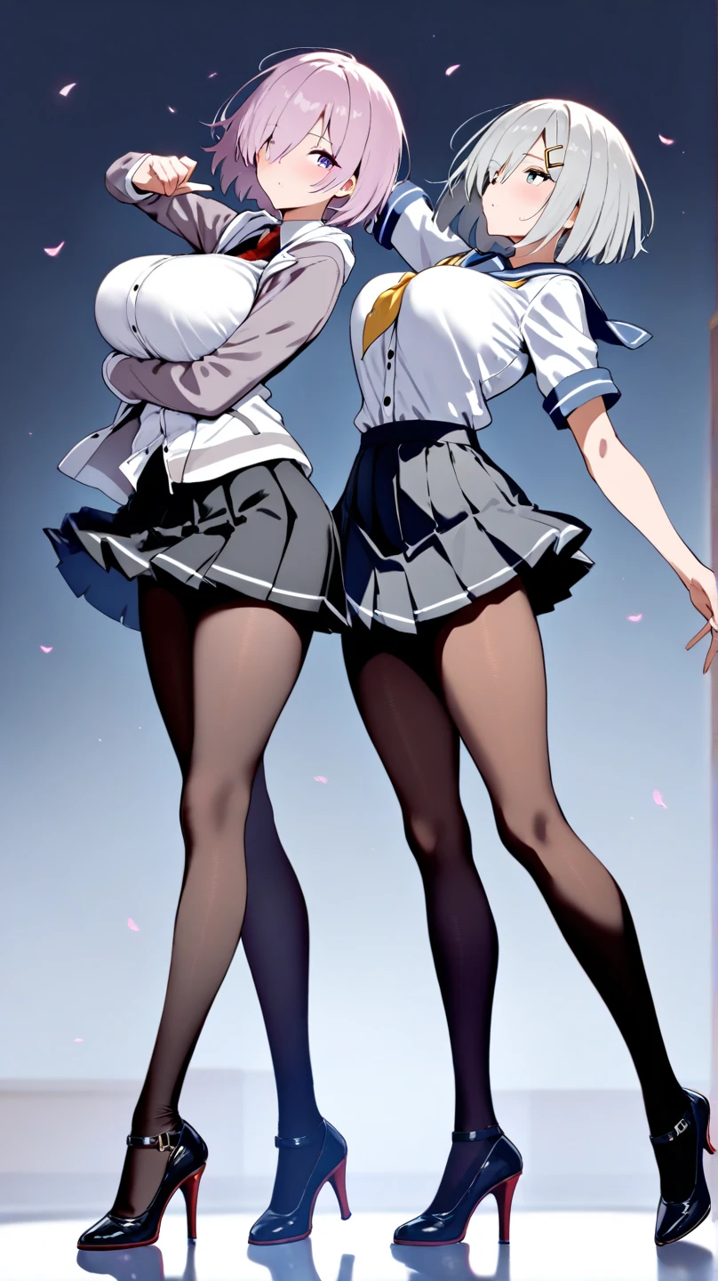 Masterpiece, High quality, 4K, HDR,, two slender women, standing side by side, full body, one with silver short hair other one with blond short hair, one with black eyes other one with blue eyes, both wearing black thighhighs, one wearing A-line blue skirt other one wearing A-line black skirt, one wearing black sailor shirt other one wearing white sailor shirt, one wearing pink lacy panties other one violet lacy panties, (one holding skirt in front and center with hands to show own crotch other one holding skirt in front and center with hands to show own crotch), (both lifting skirt to in front of own stomach), one with shy expression other one grin expression, one showing own crotch other one showing own crotch, school rooftop, looking down, front view, sunset,