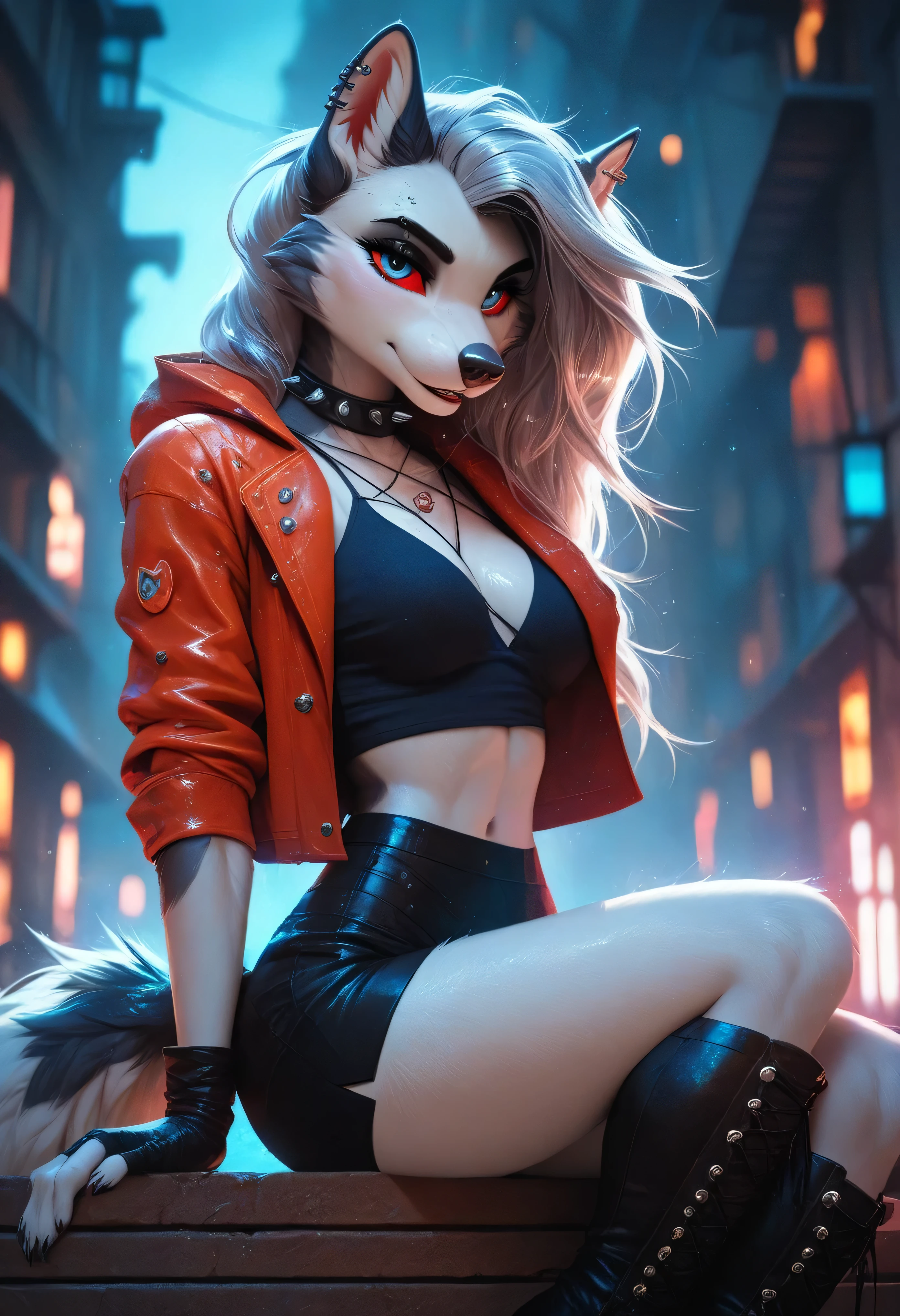 Anthro Loona, sitting on a modern rooftop garden bench during a light rain, wearing a cropped raincoat, wet hair sticking slightly to her cheeks, fluffy tail dampened and draped behind her, wearing fingerless gloves, choker with a raindrop charm, long thigh-high boots, short skirt and shirt combo, looking at viewer with peaceful expression, reflective puddles around her, grey sky with soft city lights in the background, cool tones with warm glow, anthro stylized lighting.