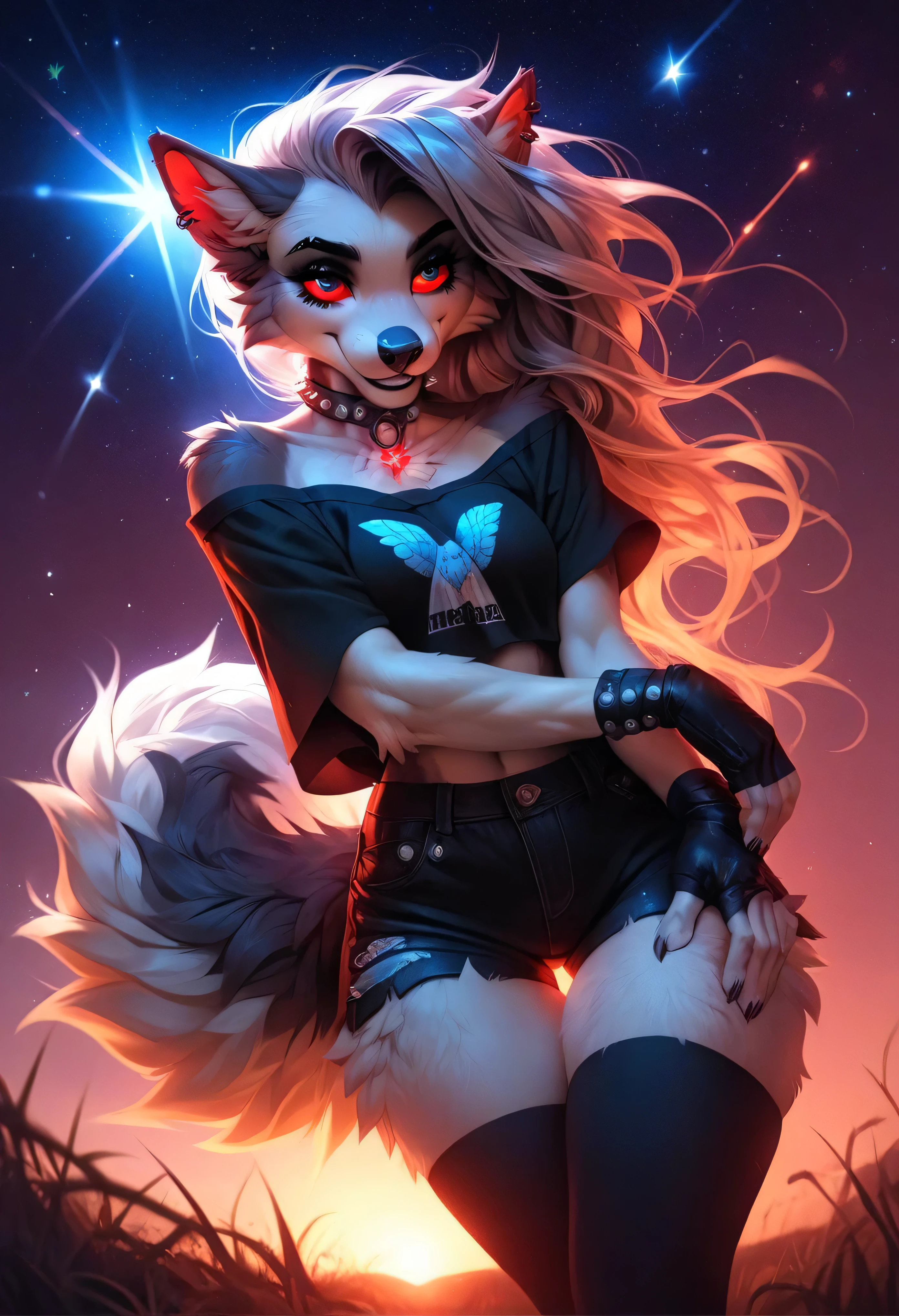 Anthro Loona, laying on her stomach in a field at ht, propped up on elbows, gazing at the stars, fluffy tail raised and relaxed, long two-tone fur highlighted by moonlight, wearing an off-shoulder star-print shirt, comfy shorts, thigh-high socks, black fingerless gloves, silver choker, subtle sparkly makeup, calm smile, red eyes glowing faintly, soft hillscape behind her with glowing wildflowers and shooting stars, ethereal fantasy lighting, SFW cozy and serene atmosphere.