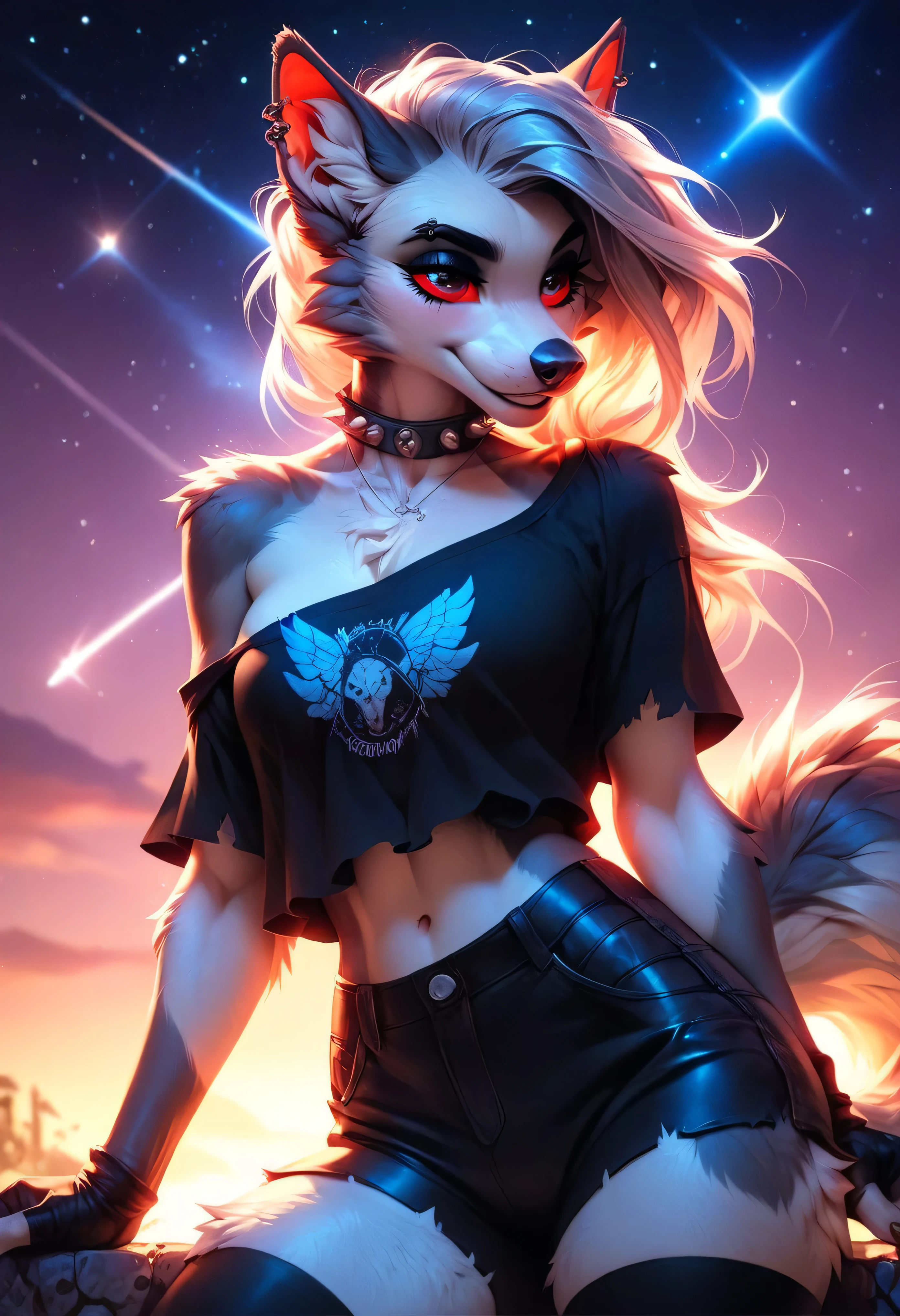 Anthro Loona, laying on her stomach in a field at ht, propped up on elbows, gazing at the stars, fluffy tail raised and relaxed, long two-tone fur highlighted by moonlight, wearing an off-shoulder star-print shirt, comfy shorts, thigh-high socks, black fingerless gloves, silver choker, subtle sparkly makeup, calm smile, red eyes glowing faintly, soft hillscape behind her with glowing wildflowers and shooting stars, ethereal fantasy lighting, SFW cozy and serene atmosphere.