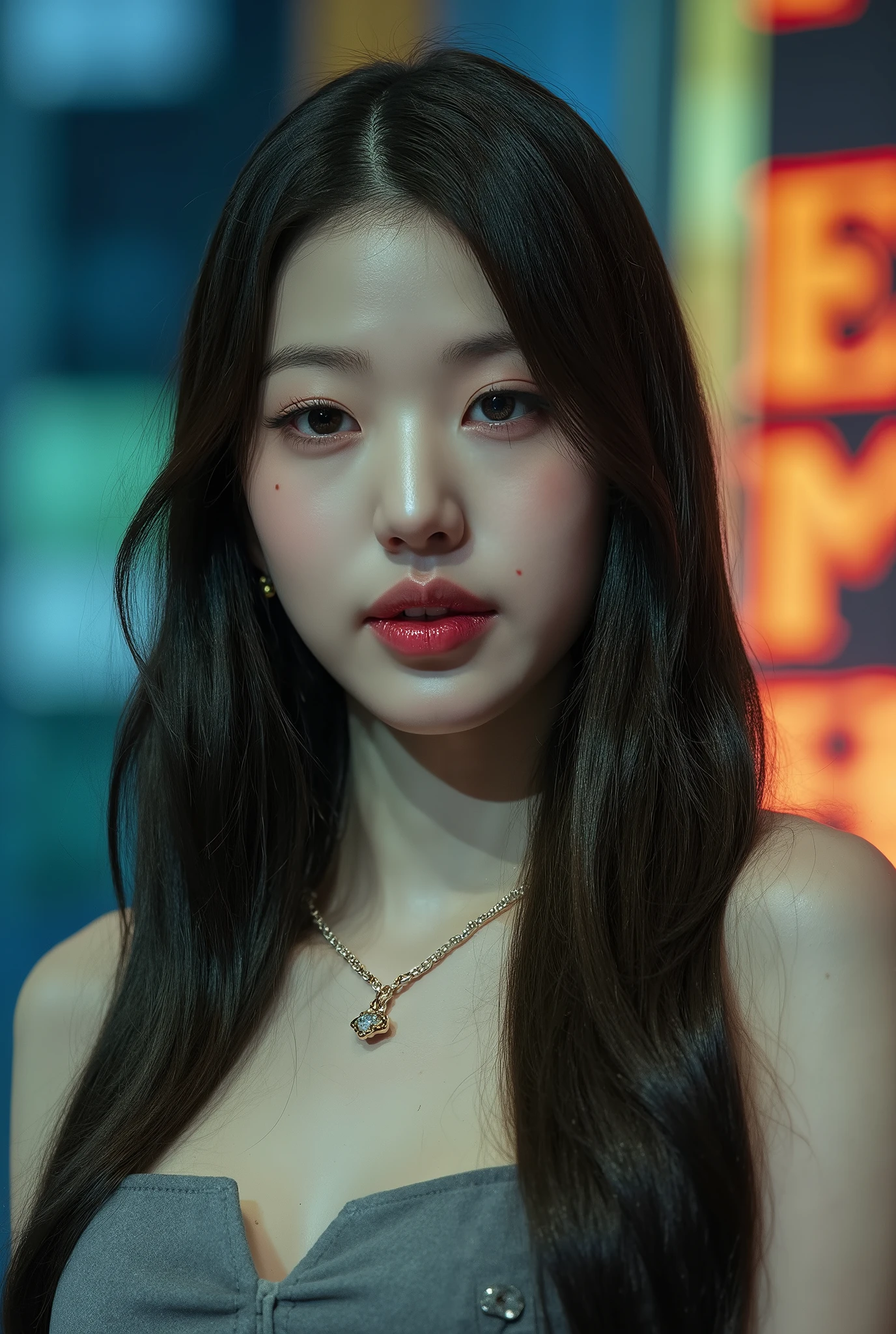 RAW photo, upper body photo of a beautiful korean girl with long hair wearing halter dress, necklace, dslr, soft lighting, high quality, film grain, light reflections, blood vessels, pale skin, skin pores,blood vessels in sclera, detailed skin, beauty spots, skin fuzz,a stylish young woman with short black hair, wearing a black leather jacket and jeans, walking down a city street at dusk, neon lights, cinematic lighting, realistic, shallow depth of field, modern urban fashion, 35mm lens look
