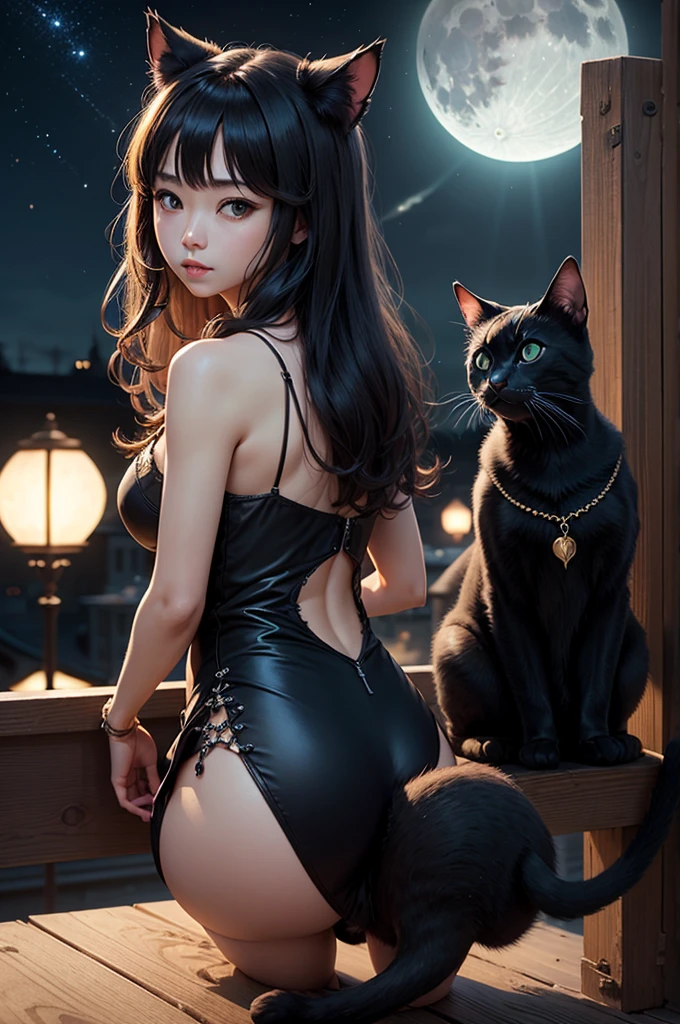 ((Li Yitong)), 8K, best quality, masterpiece, 1.2 times weighted), 1 cute, independent, beautiful girl, super detail, sky and cafe detail, night date, sitting (red nose), big breasts , sweet smile (smile 1.15), deep color contact lenses, (1.1 times weighted collar shirt), short black dress, black silk stockings, professional dress, long flowing hair, NovaFrog style, half naked, cat, rain.