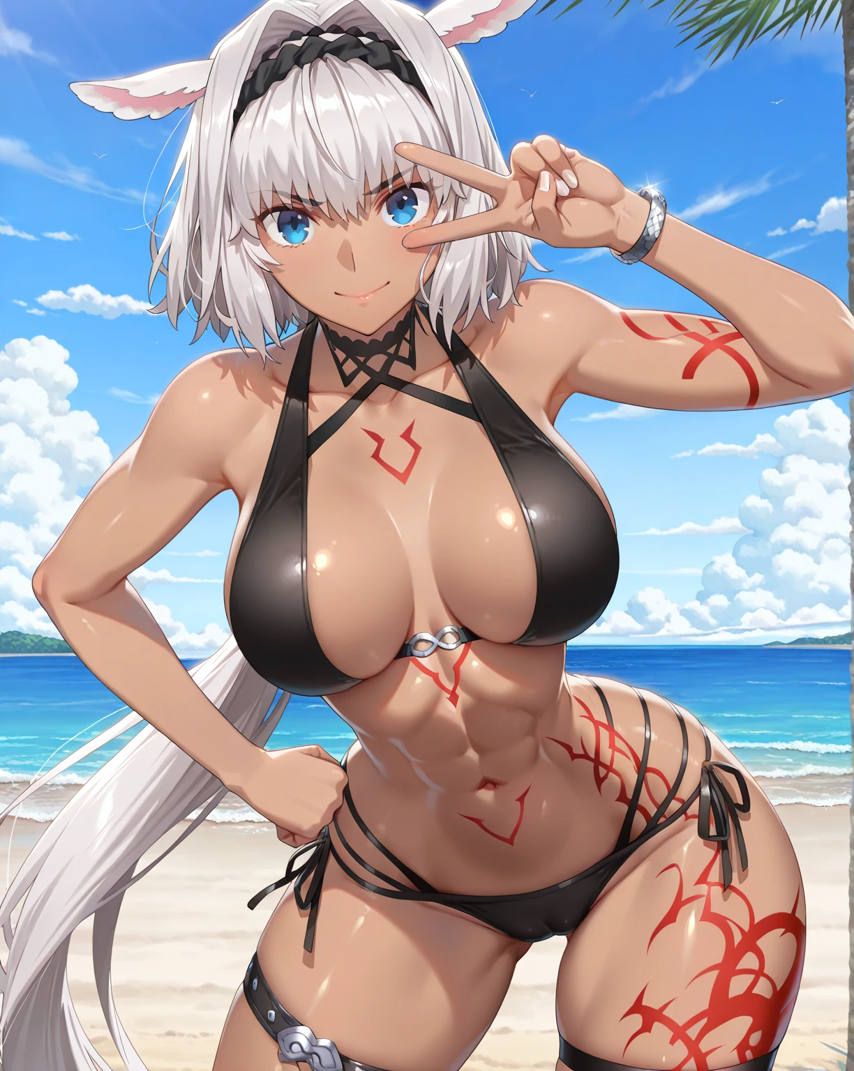 (masterpiece、Highest quality:1.2)、caenis、FGO、summer、bikini、One girl、solo、Big Breasts、Staring at the audience、smile、short hair、Gray Hair、bangs、blue eyes、Animal Ears、Cleavage、Bare shoulders、Swimwear、White jacket、Denim shorts、Open clothes、hair band、、smile、黒のbikini、sunglasses、Glasses on head、Body pattern、White nails、Beach、Palm tree