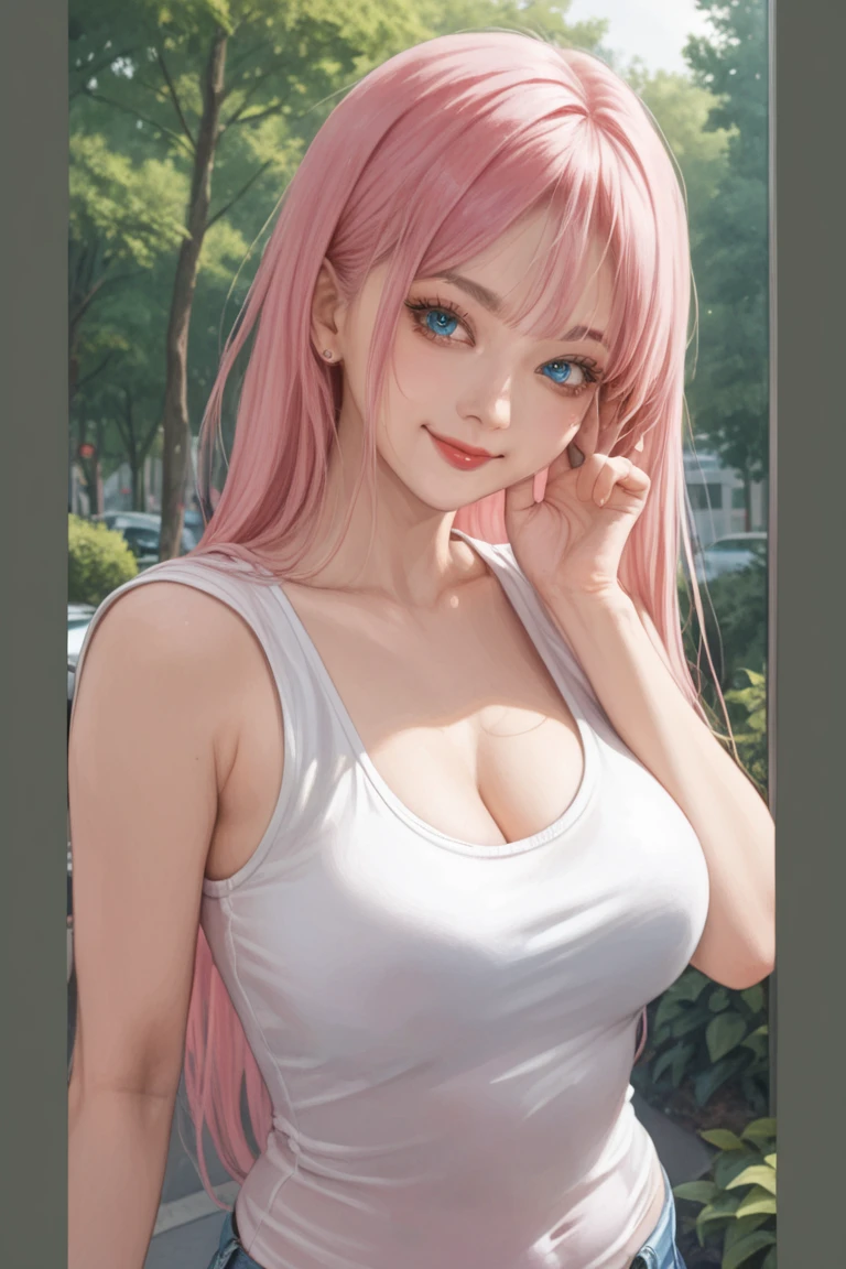 (masterpiece, best quality, 1 Girl, Solitary, Intricate details, Chromatic Aberration), Practical, ((Moderate breathing)),Long hair, Pink Hair, Red headdress, Pink highlights, Hair covering one eye,Purple Eyes, earrings, Sharp eyes, Necklace, Neon shirt, Open jacket, tube top, (Symmetrical eyes),(Perfectly symmetrical body),Against the wall, Brick wall, Graffiti, Dim Lights, alley ,Look at the audience, huge breasts:1.1, saggy breasts:1.4, Bend over, lift chest, Random pose, little smile,