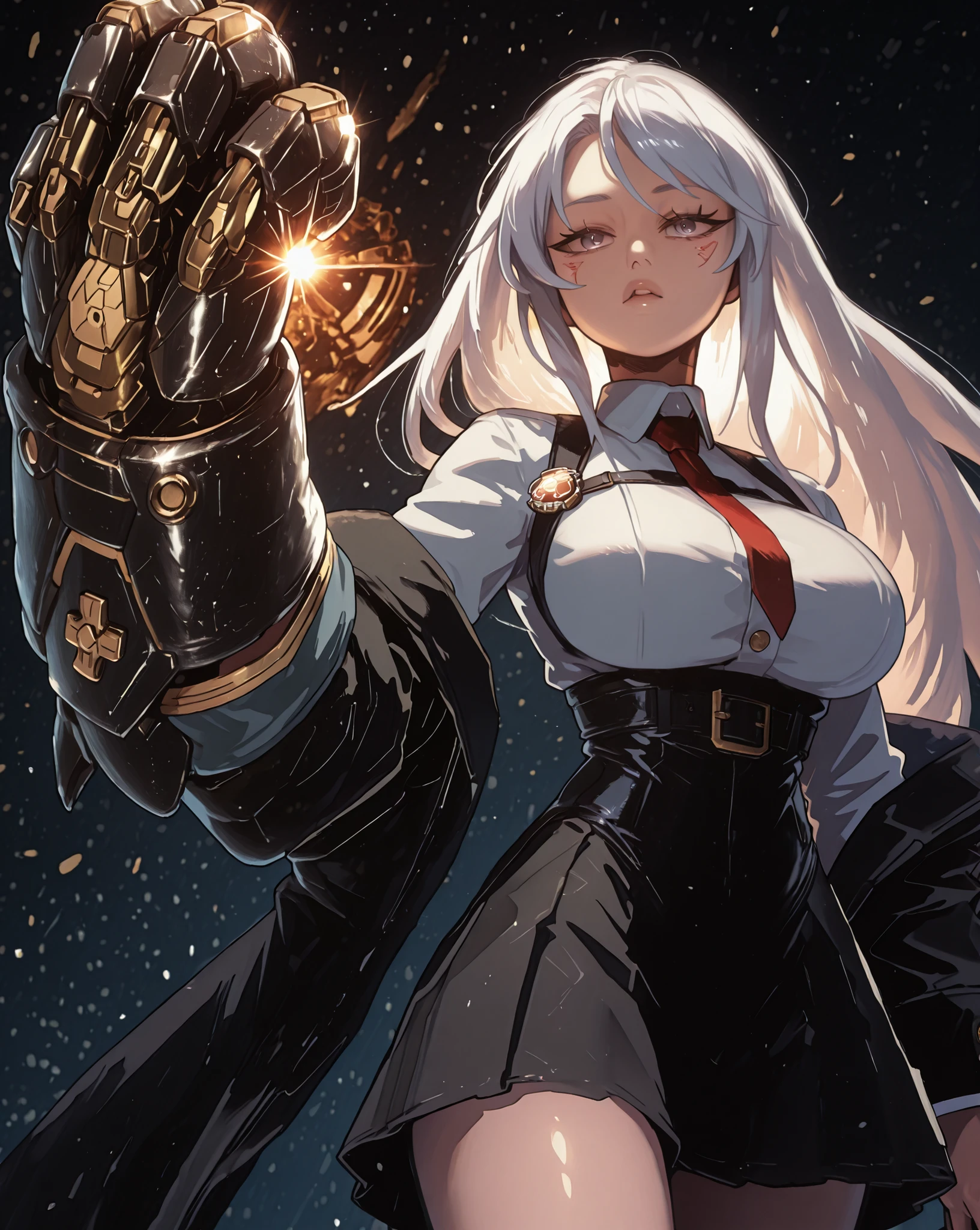 A young female character in her body s, with the same height and body type as Enterprise from Azur Lane. She has long white hair with a red ribbon on one side of her head, como Enterprise de Azur Lane, and the exact facial features of Enterprise from the same series, olhos vermelhos, but with a provocative, sorriso confiante. She wears a black military uniform with a black skirt, This uniform is very detailed, with gold medals and symbols, a red tie , and a red military badge on the top of her head tilted slightly to the side. Her right arm is wrapped in a gigantic glove, making it appear that she has a giant arm much larger than her body, , this glove has a futuristic design in cyberpunk style and predominantly black colors with details. His pose is bold and conflicted, facing directly at the viewer with her slightly tilted head, Shoulders back, and an expression full of confidence, olhos vermelhos, Giant gauntlet on the right hand, big breasts and ass.
The overall style must be detailed and colorful, matching the rendering quality, 's body but with a touch punk and a younger feminine appearance, boina vermelha "capa" on the top of her head tilted slightly to the side, Much bigger black than the character, similar to that of Vi from League of Legends, mas muito maior (the mitt must be bigger than the character's entire huge body).