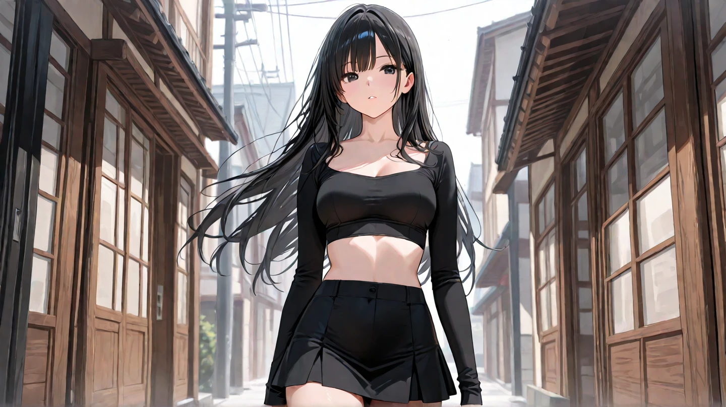highest quality、Highest image quality、masterpiece、teenage girl((18-year-old、 Agar、vest bust、medium bust,wide open breast tea、Black eyes, black hair、long hair、slender,highest valley、cute makeup、Black short skirt、Red spats、fluttering hair、White navel tank top、chain accessories、headphones,dance motion)),high quality、beautiful art、background((Live on the street、galleries、Akihabara)),muste piece、Depth of written boundary、movie、visual art、perfect art、