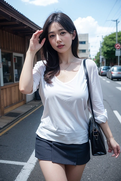 Retro Photography,((The style of Japanese films in the 1990s)), (Extreme details ,Original Photography, best quality), (Exquisite light and shadow, Very dramatic picture, Movie lens effects),((Reality:1.3)),1 young girl,Full body portrait,Perfect body,Stylish long hair,Beautiful face,Detailed eyes,Detailed face,Huge breasts,Tight T-shirt,Real skin texture,Long legs,mini skirt