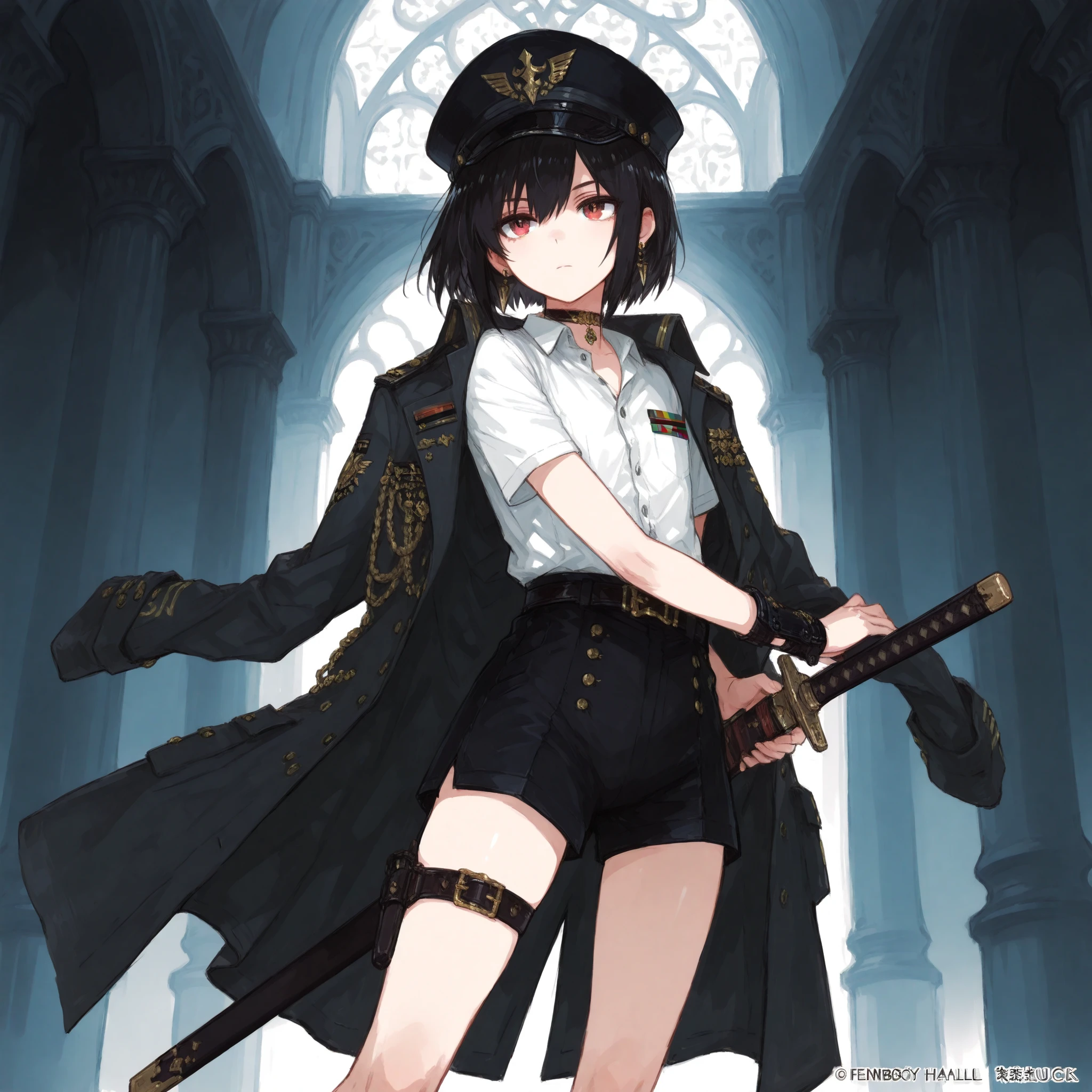 ((Best Quality)), ((masterpieces)), (detailed), Perfect Face, SOLO, ((femboy)), tomgirl, ANIME, beautiful detailed eyes, BOB hair, BOBed hair, black hair, RED EYES, BARE thighs, (((BARE LEG))), ((BLACK short pants)), (((dress shirt))), ((Flat chest)), Choker, (thigh strap), uniform hat, ((general uniform coat)), arm straps, ((black general's uniform coat draped over the shoulders)), expressionless, tight short black shorts, earring, Royal palace, GREAT HALL, (buckle), ((Tuck in the shirt)), ((uniform coat)), short sleeves, wrist guard, fantasy sword, (draw the sword from the scabbard), ready to draw sword pose, Battoujutsu