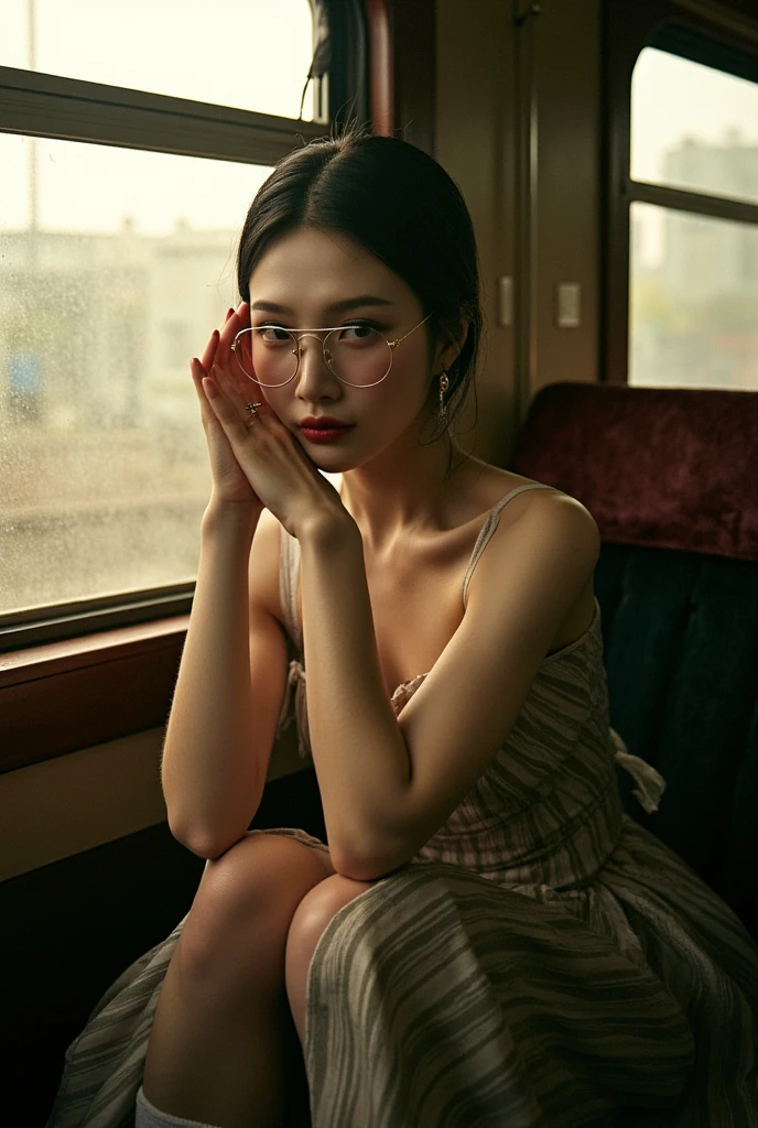 (The best quality, ultra detailed, golden ratio, masterpiece:1.2), theatrical lighting:0.7, Photo of a woman, dressed in a very elegant and pretty dress, perfect weird face, (Highly detailed skin), random colored hair, Hide your mouth with your hands、Ridicule, skin texture, Light brown skin, shiny skin, (delgado, Large size:1.2), [:(Sharp focus on strange face, Perfect eyes:1.2):0.2], photorealistic, film grain, put one foot forward、from below looking up、gaze at the camera、Highlight the shoulders, focus on face、socks、glasses、Smiles with the corners of his mouth raised.、disdainful expression, summer haze, Muted colors, warm, muted colors, Cinematic portrait photo of a woman dressed in a striped dress sitting by the window early in the morning, Kinematic, (Tilted:1.3) (on an old train) look cautious, standing under a spotlight, volumetric dust clouds, key light, Backlight, Soft natural lighting, photography film grain ISO 400 30mm RAW f1 lens.8 openings, Highly detailed (analogue photography:1), Colores HDR