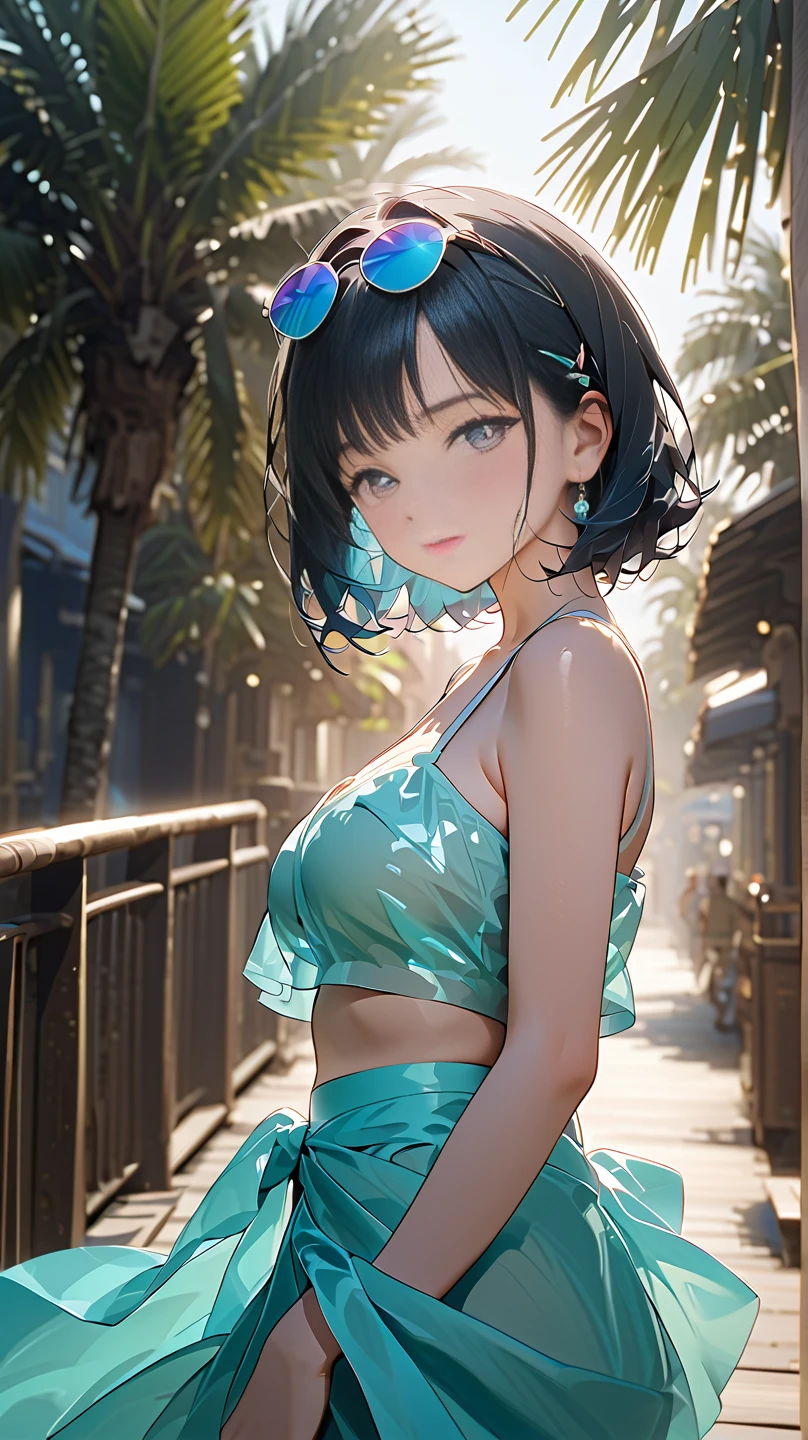 a close up of a woman in a dress standing in front of a staircase, cyberpunk art inspired by Ross Tran, trending on cgsociety, fantasy art, in the style of ross tran, :: rossdraws, rossdraws cartoon vibrant, ross tran style, rossdraws pastel vibrant, 🌺 cgsociety, digital art on pixiv, rossdraws global illumination, magical dress