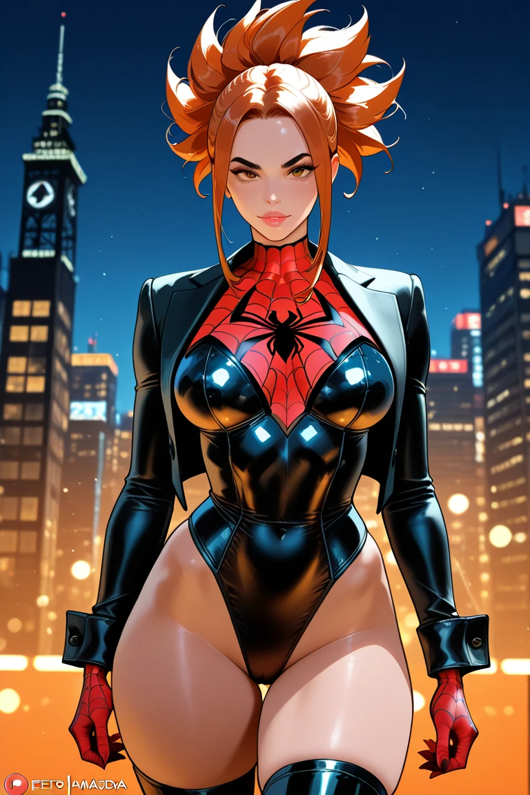 ultra realistic 8k cg, masterpiece, ((ultra detailed background, intricate detail, highly detailed, fine details best quality, hyperdetailed face)), gigantic breasts ,beautiful lighting, absurdres, BoaHancockV2, 1girl, solo, red hair, long hair, jewelry, closed mouth, ), (black Spider-man costume, curvy, shiny clothes), blue eyes, complex detailed background, outside, standing on top of buildings at night), ((cowboy shot)), curvy, (gigantic breasts: 1.1), seductive smile, cowboy shot, curvy ass, big butt, bubble butt,