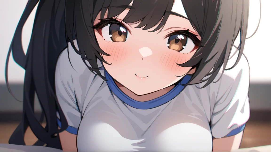 A girl laughing a lot, quite flushed and with watery eyes, with both arms up, receiving tickles in his exposed armpits as the fingertips of 6 hands slide through them. She is wearing a long sleeved t-shirt that has a design with a hole right at the height of the armpits and that allows them to tickle her.