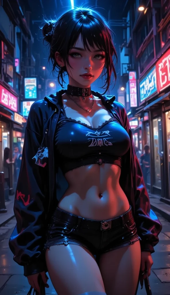 ((16K)),((masterpiece:1.3)), ((Highest quality)), ((Ultra-high resolution)), (Very detailed), ( ultra-realistic, Photorealistic:1.4), Perfect lighting,((Side light)), Surrealism,No makeup, Film Grain, chromatic aberration, Sharp focus, Face Light,((Beautiful detailsまでこだわった髪)),((Beautiful eyelashes)), Beautifully detailed face, ((Beautiful Hair)),Beautiful details, Beautiful clavicle, Beautiful body, Thin legs,Beautiful breasts, Beautiful legs, ((Detailed and carefully drawn hand)), ((Cleavage)),Pointed Chest, Perfect Anatomy, Supermodel with a long neck,((Skinny1.3)),23 years old,Looking into the camera,(Perfect Anatomy,Anatomically correct, Very detailed肌), Glowing Skin,((pale skin)),((beautiful girl:1.1)),(( large breasts:1.4)),Dainty facial structure,((歯を見せて幸せそうに笑って:1.5)),((Command nezuko:1.5)), ((demon slayer)), ((pink yukata, black jacket)),((yukata)), ((light effect:1.2)), ((pink fall leaf effect:1.4)),((leaning on rail:1.2)),(her legs spread in M legs:1.2), ((spread legs:1.2)),((from side)),background((Background of a colorful cyberpunk Tokyo street at night. The scene features futuristic skyscrapers illuminated by neon lights and holographic advertisements. Flying vehicles zip through the sky, while people in cyberpunk fashion walk the streets below, The walls of the buildings are adorned with giant digital screens displaying vibrant ads and animations. The ground is embedded with colorful LED lights, creating an ethereal and otherworldly atmosphere throughout the city)),,((wide angle:1.5 ))