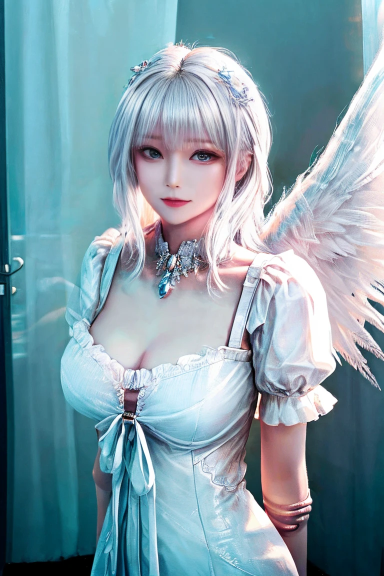 18-year-old girl，Silver long hair，Blue Eyes，Long eyelashes，White skin，Big eyes，Unbelievably huge breasts，((3D anime style))，A revealing white dress，white shining wings，